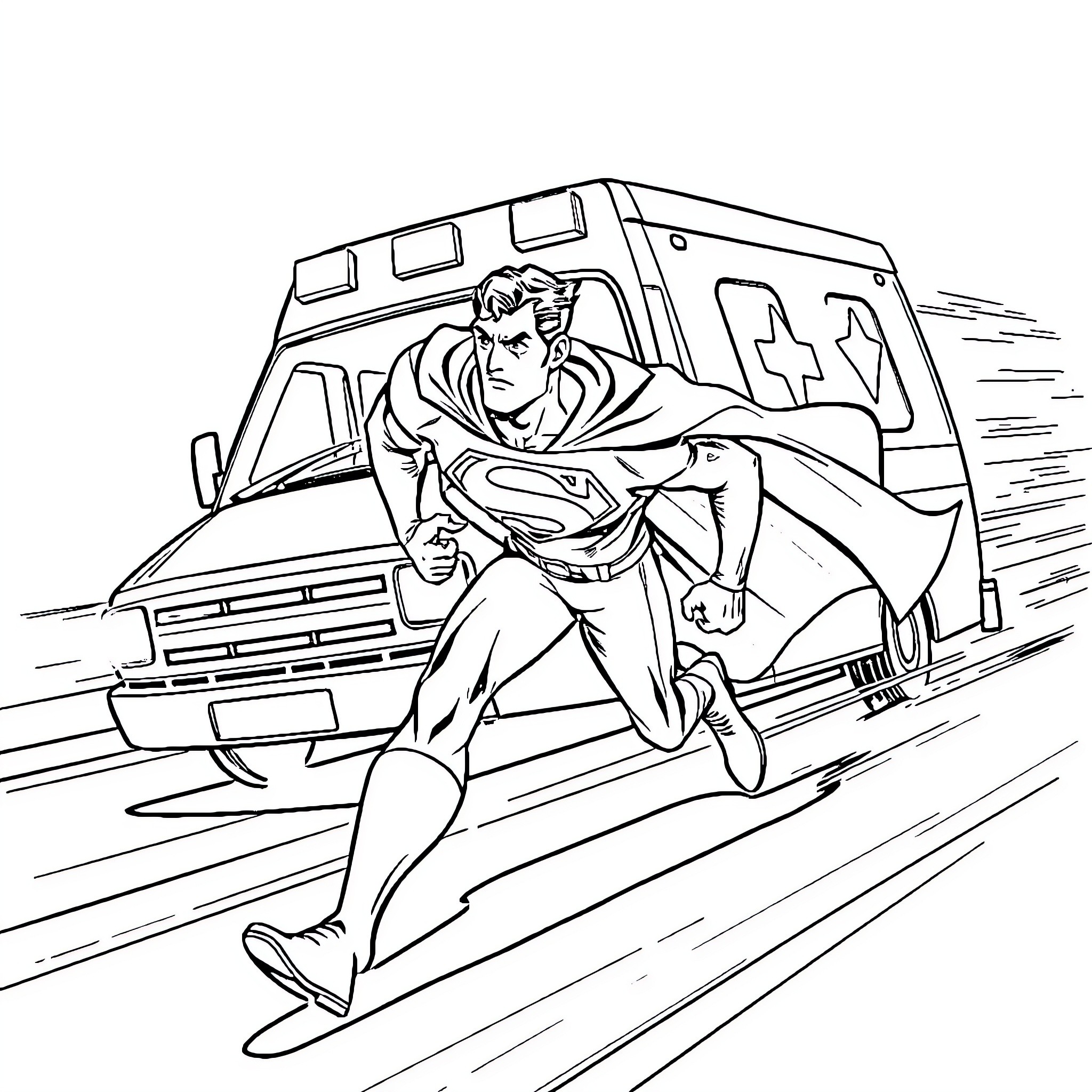 Superman rushing to help in emergency situation Coloring Page (free black-and-white line drawing printable PDF for all, from beginners to advanced learners, including children, teens, adults, and seniors)