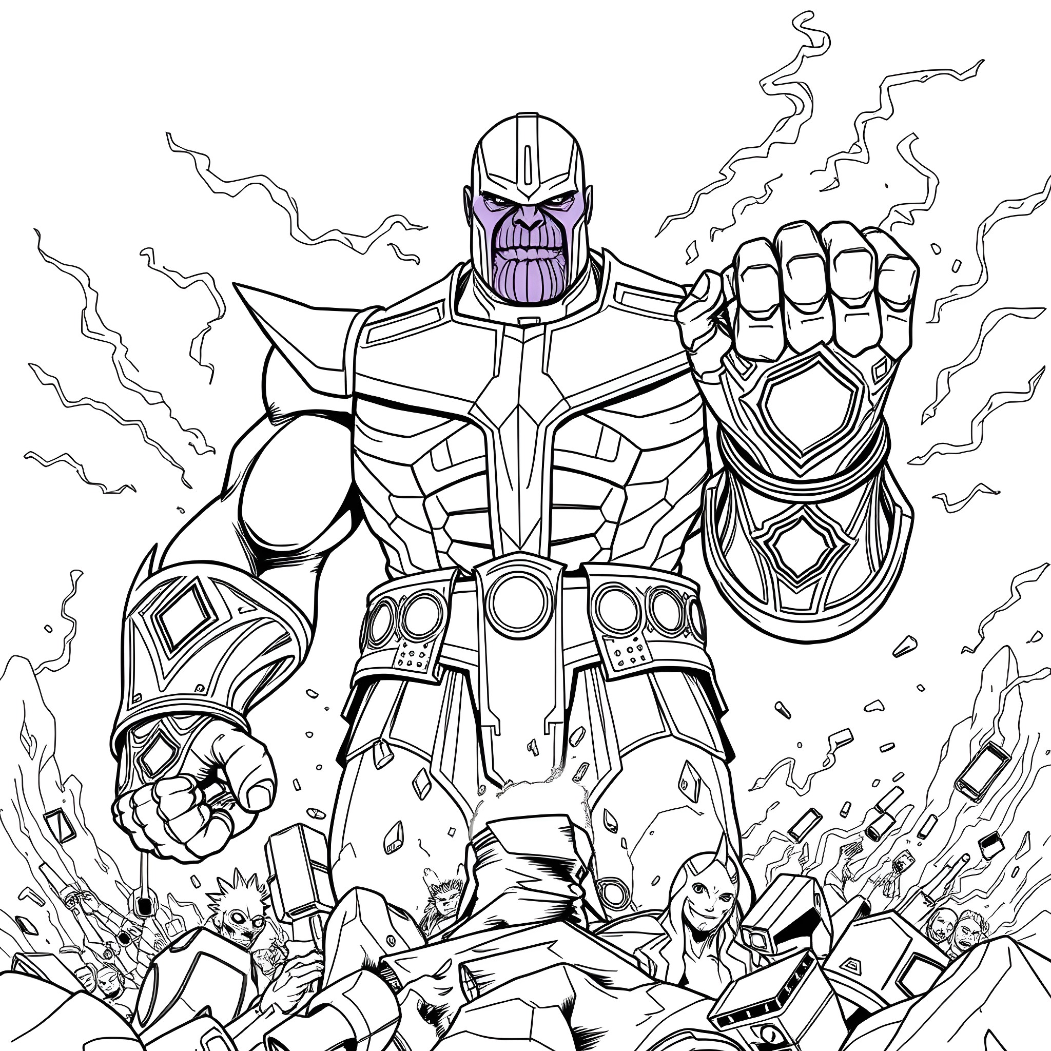 Thanos, the Powerful Titan in Action Coloring Page (free black-and-white line drawing printable PDF for all, from beginners to advanced learners, including children, teens, adults, and seniors)