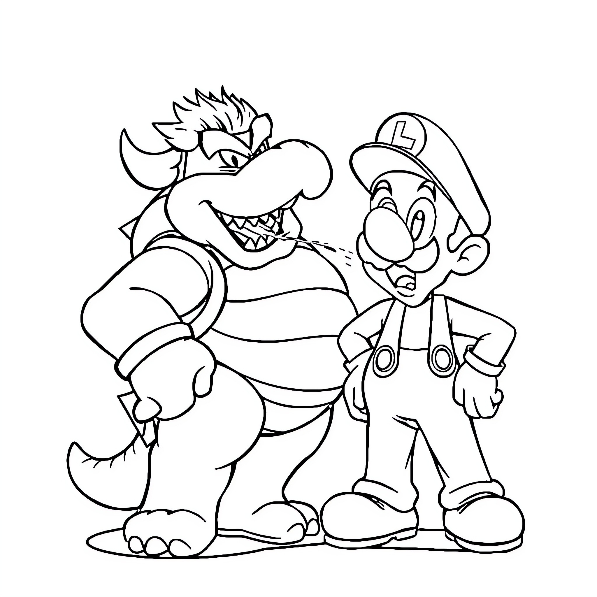Bowser and Luigi in a Playful Encounter Coloring Page (free black-and-white line drawing printable PDF for all, from beginners to advanced learners, including children, teens, adults, and seniors)