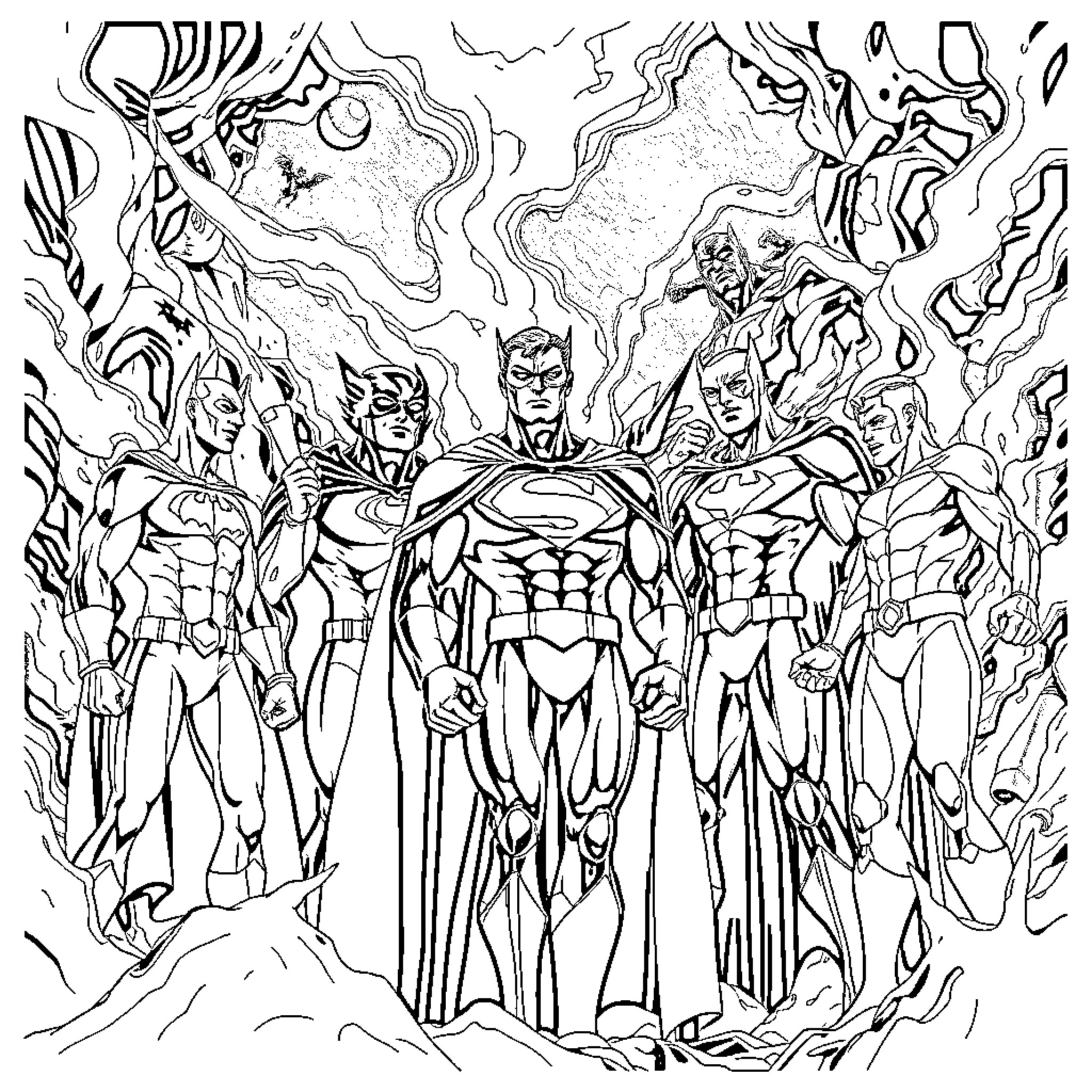 Justice League Assembling for Epic Battle Coloring Page (free black-and-white line drawing printable PDF for all, from beginners to advanced learners, including children, teens, adults, and seniors)