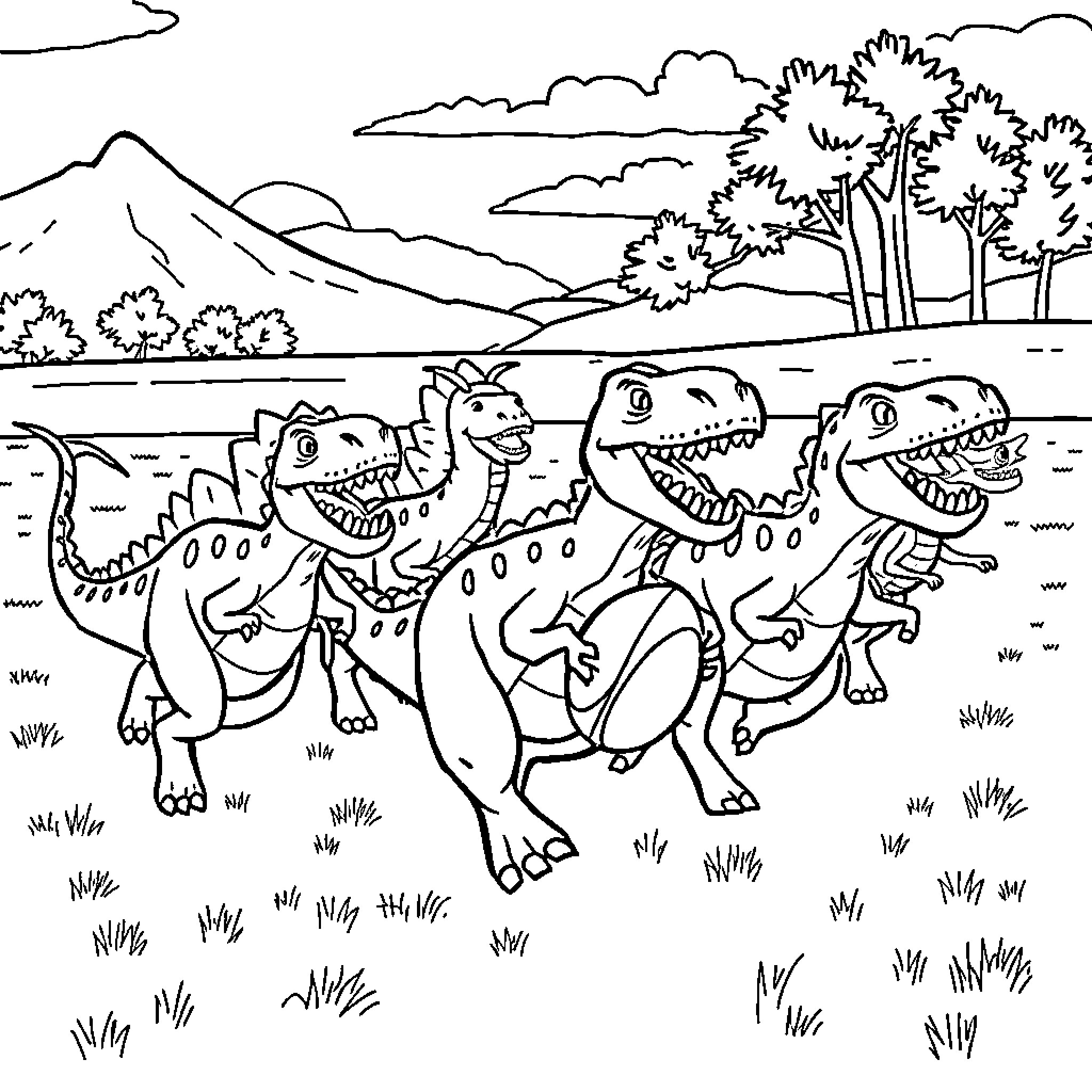 Dinosaurs Frolicking in Scenic Landscape Coloring Page (free black-and-white line drawing printable PDF for all, from beginners to advanced learners, including children, teens, adults, and seniors)