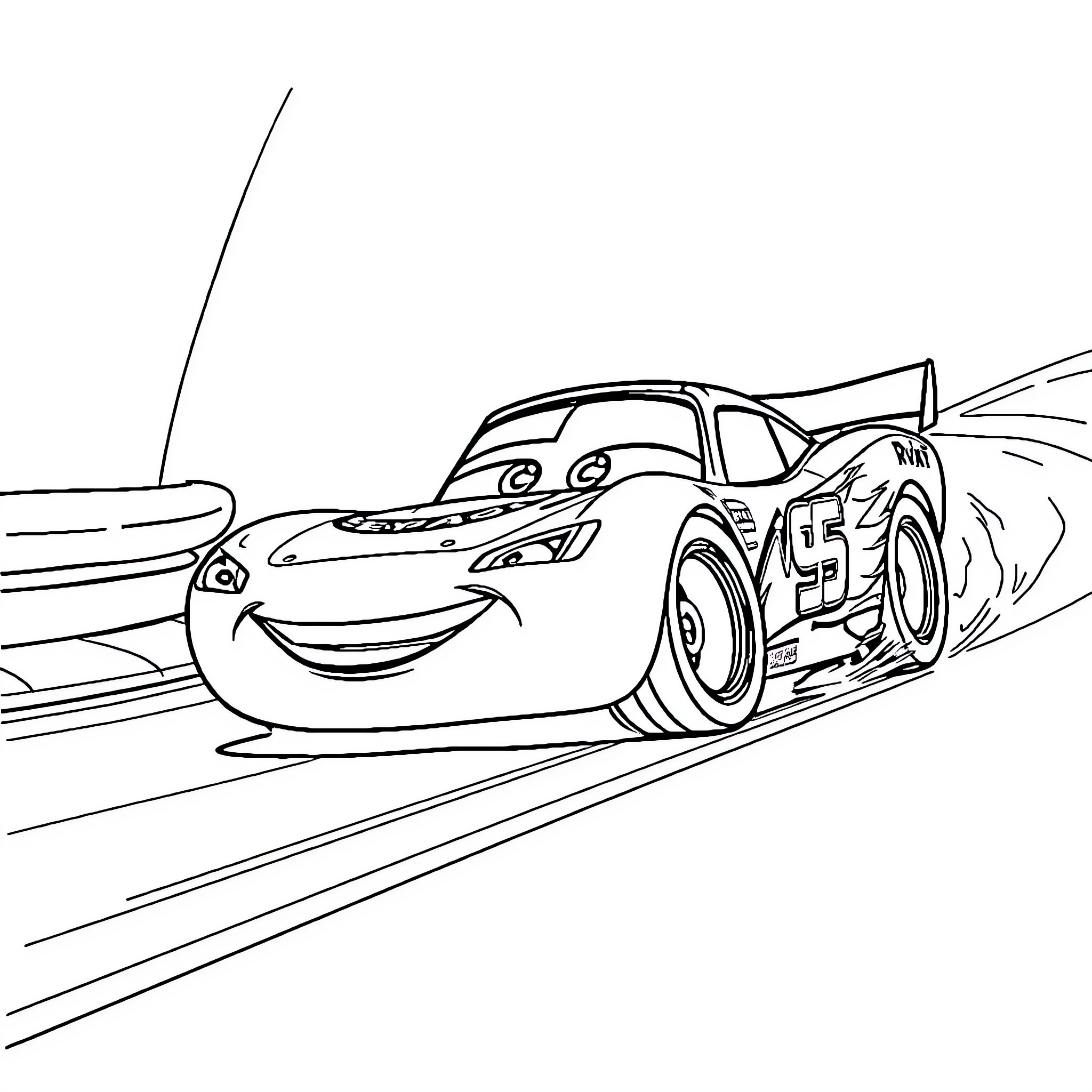 Lightning McQueen racing on the track Coloring Page (free black-and-white line drawing printable PDF for all, from beginners to advanced learners, including children, teens, adults, and seniors)