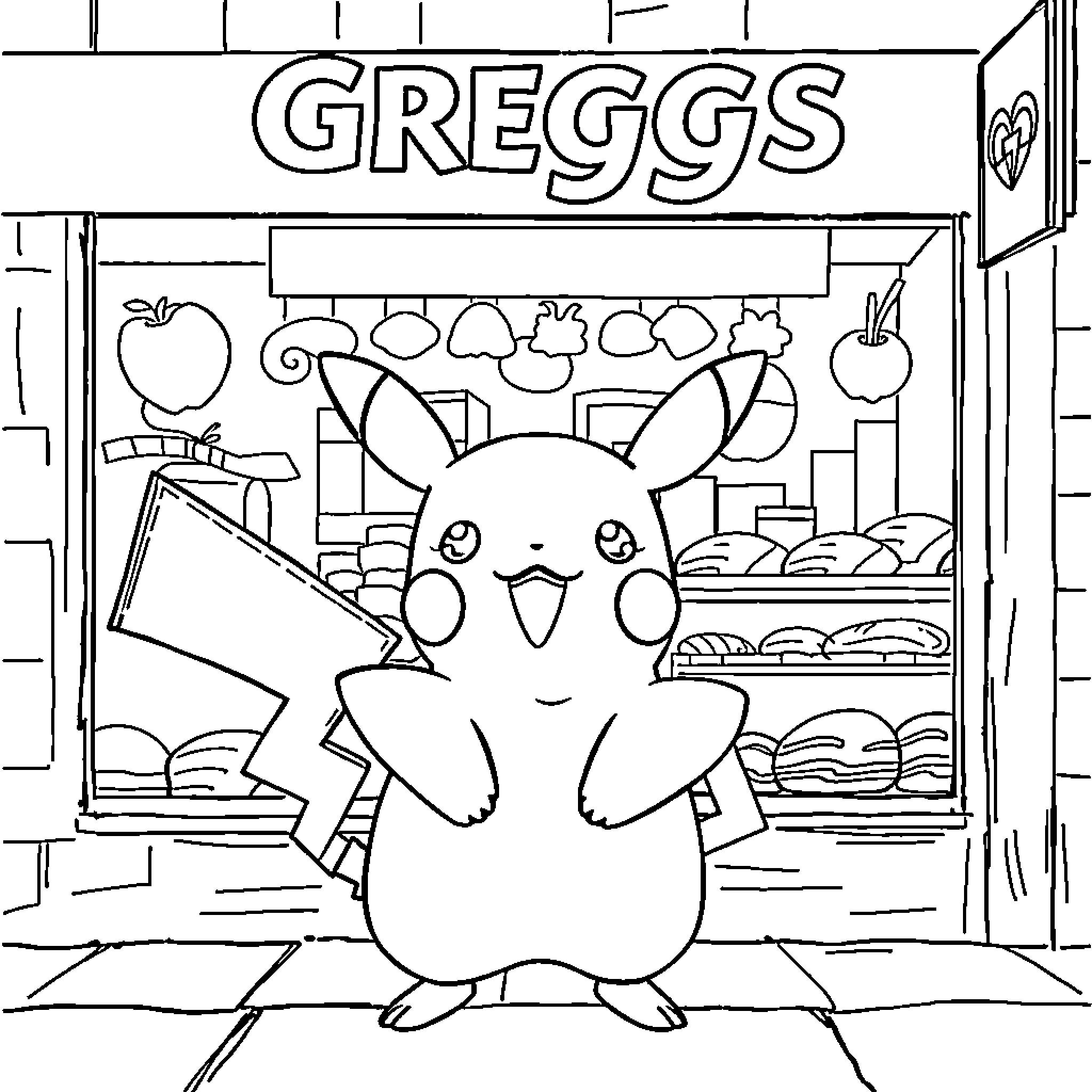Pikachu at Greggs grocery store Coloring Page (free black-and-white line drawing printable PDF for all, from beginners to advanced learners, including children, teens, adults, and seniors)