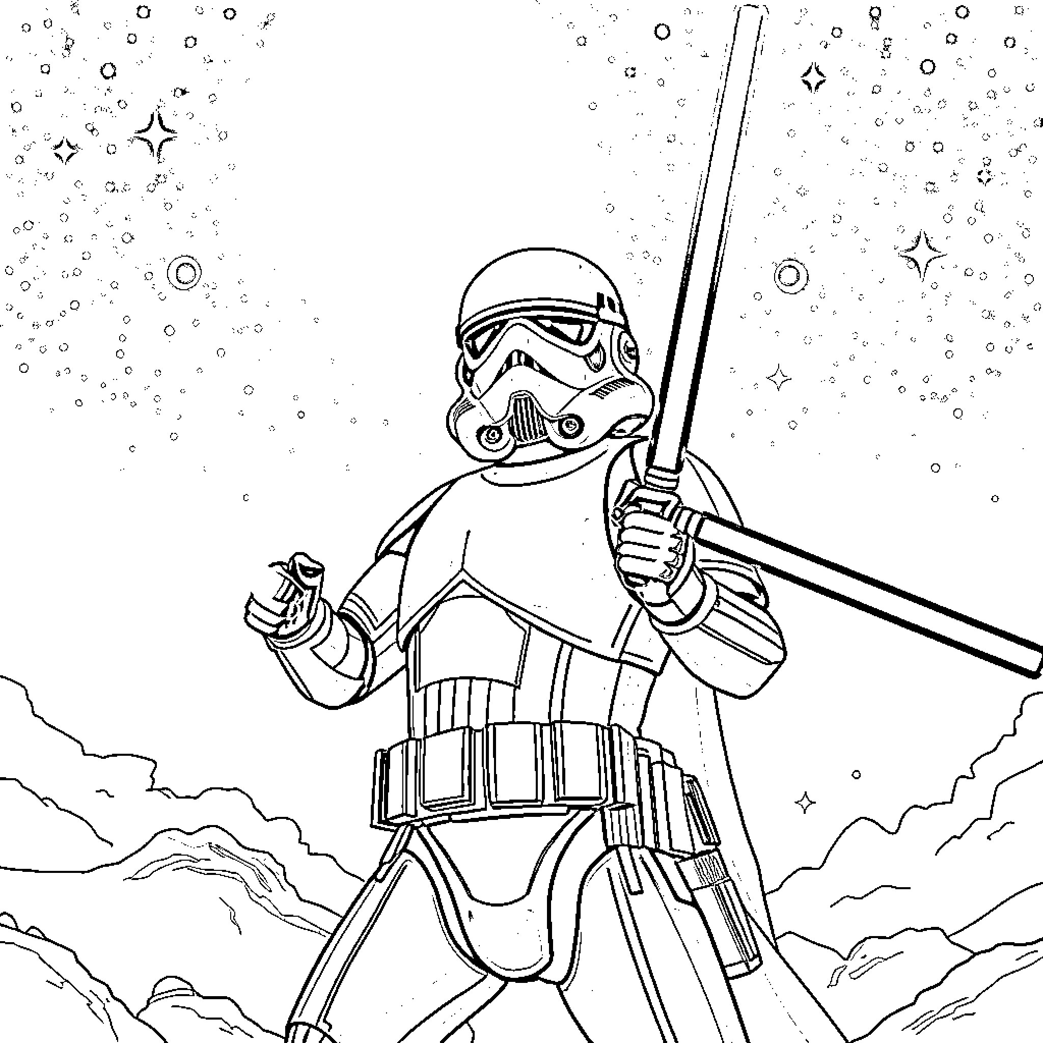 Stormtrooper on patrol in the galaxy Coloring Page (free black-and-white line drawing printable PDF for all, from beginners to advanced learners, including children, teens, adults, and seniors)