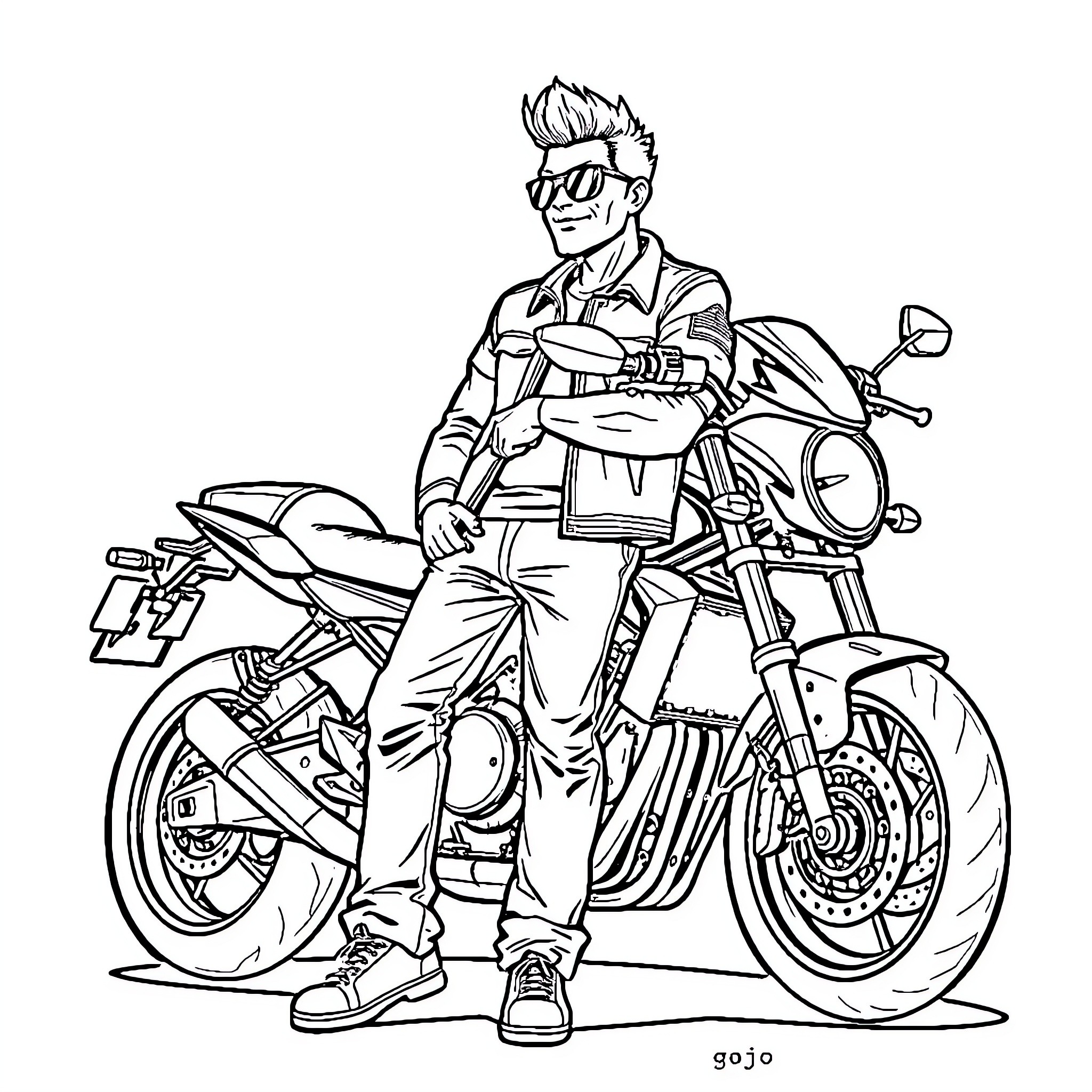 Gojo riding a motorcycle with determination Coloring Page (free black-and-white line drawing printable PDF for all, from beginners to advanced learners, including children, teens, adults, and seniors)