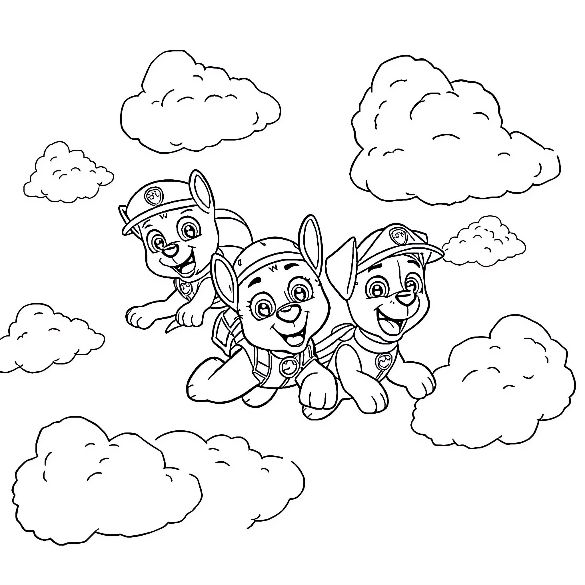 Paw Patrol pups in playful adventure Coloring Page (free black-and-white line drawing printable PDF for all, from beginners to advanced learners, including children, teens, adults, and seniors)