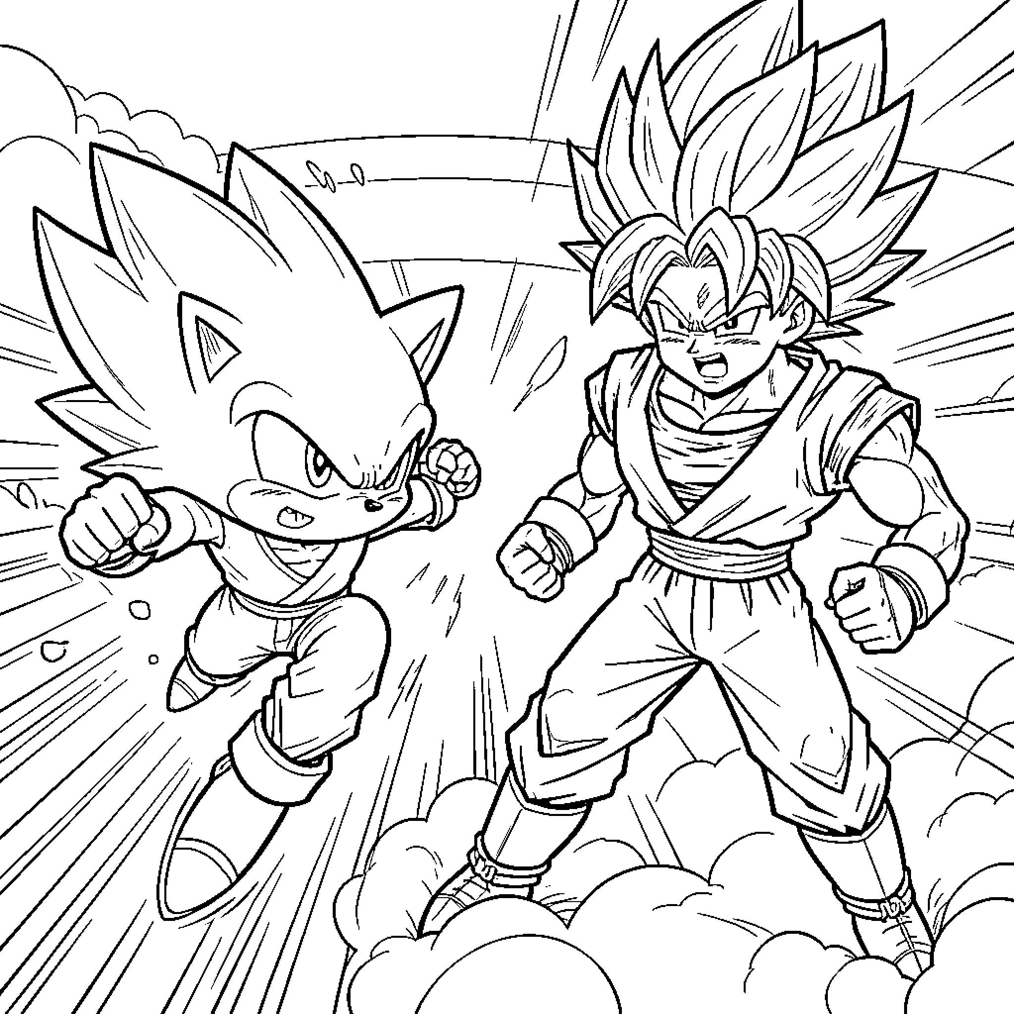 Sonic and a warrior facing off in combat Coloring Page (free black-and-white line drawing printable PDF for all, from beginners to advanced learners, including children, teens, adults, and seniors)