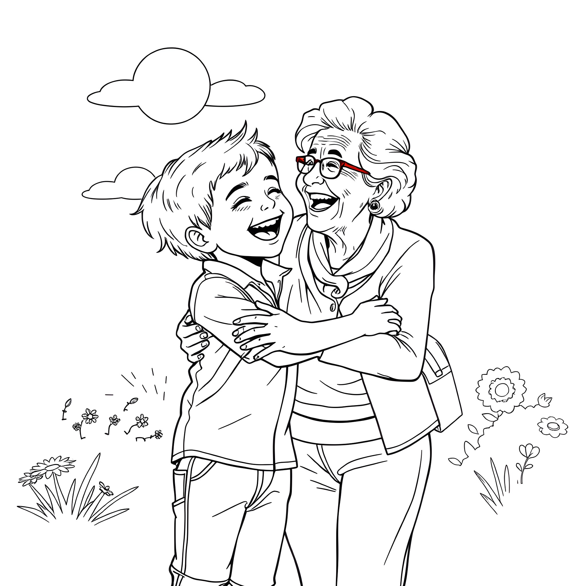 Boy embracing grandmother with affection Coloring Page (free black-and-white line drawing printable PDF for all, from beginners to advanced learners, including children, teens, adults, and seniors)