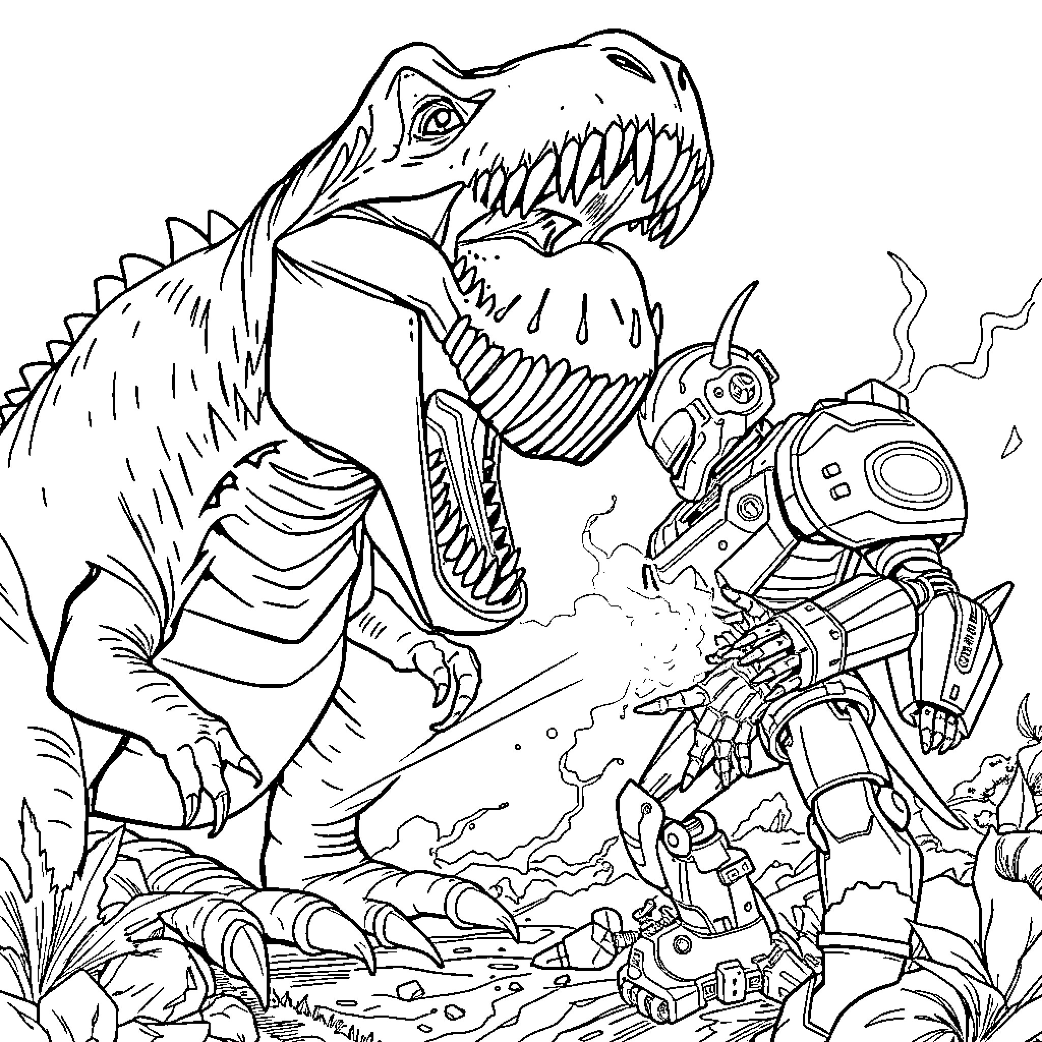 Dinosaur battles against futuristic robot in a vivid landscape Coloring Page (free black-and-white line drawing printable PDF for all, from beginners to advanced learners, including children, teens, adults, and seniors)