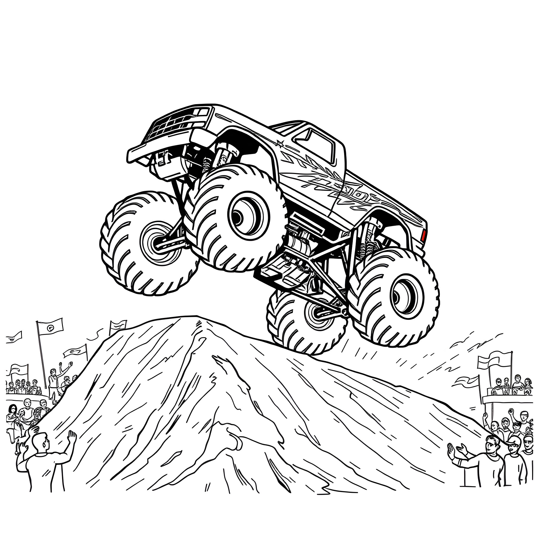 Monster Truck Leaping Over Dramatic Rocky Terrain Coloring Page (free black-and-white line drawing printable PDF for all, from beginners to advanced learners, including children, teens, adults, and seniors)