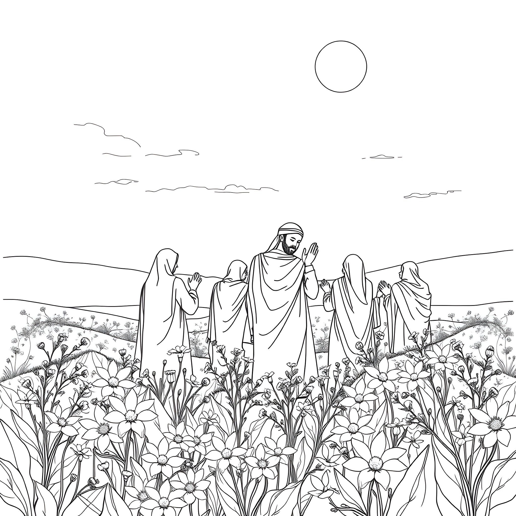 Muslim group walking through floral meadow Coloring Page (free black-and-white line drawing printable PDF for all, from beginners to advanced learners, including children, teens, adults, and seniors)