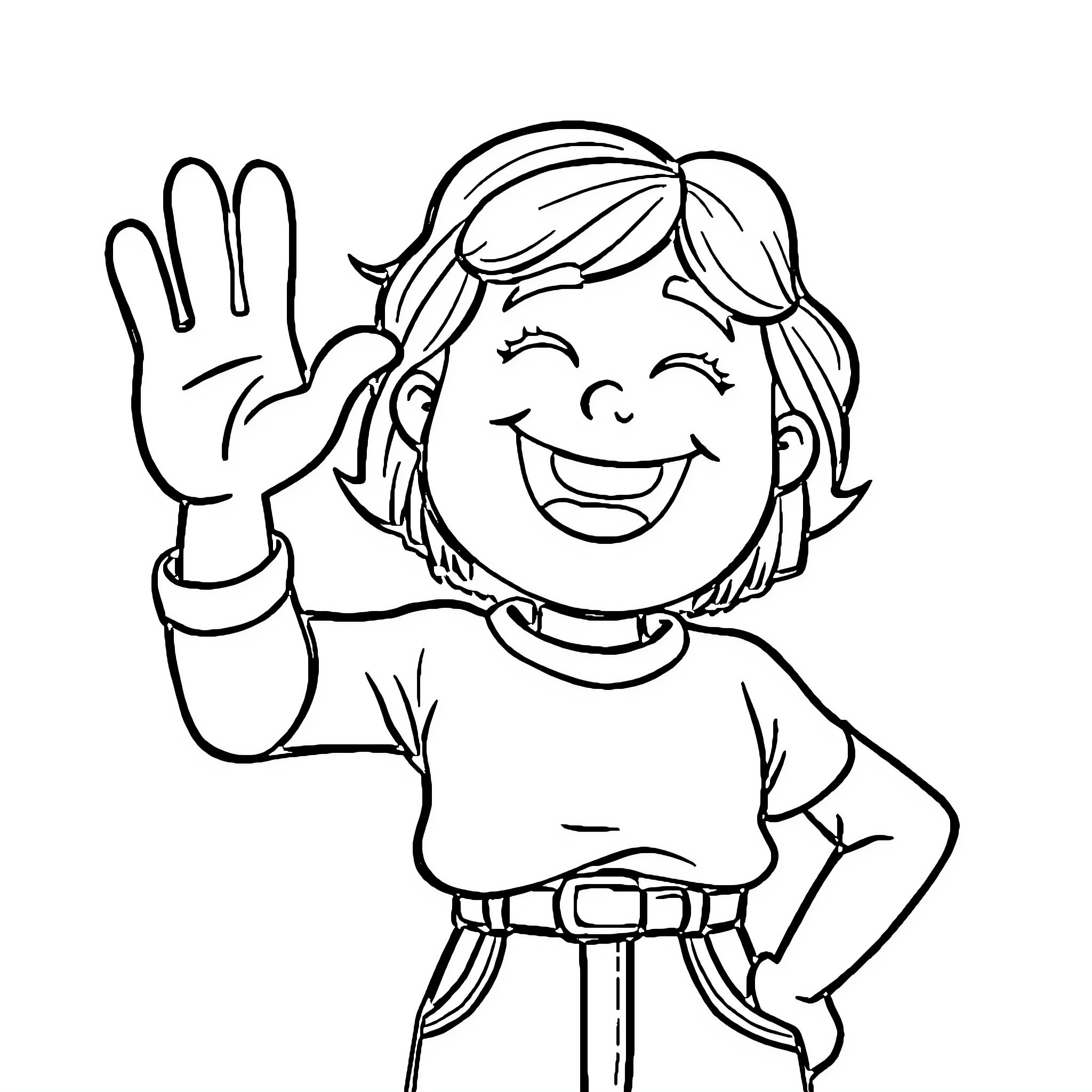 Hej, happy girl waving Coloring Page (free black-and-white line drawing printable PDF for all, from beginners to advanced learners, including children, teens, adults, and seniors)