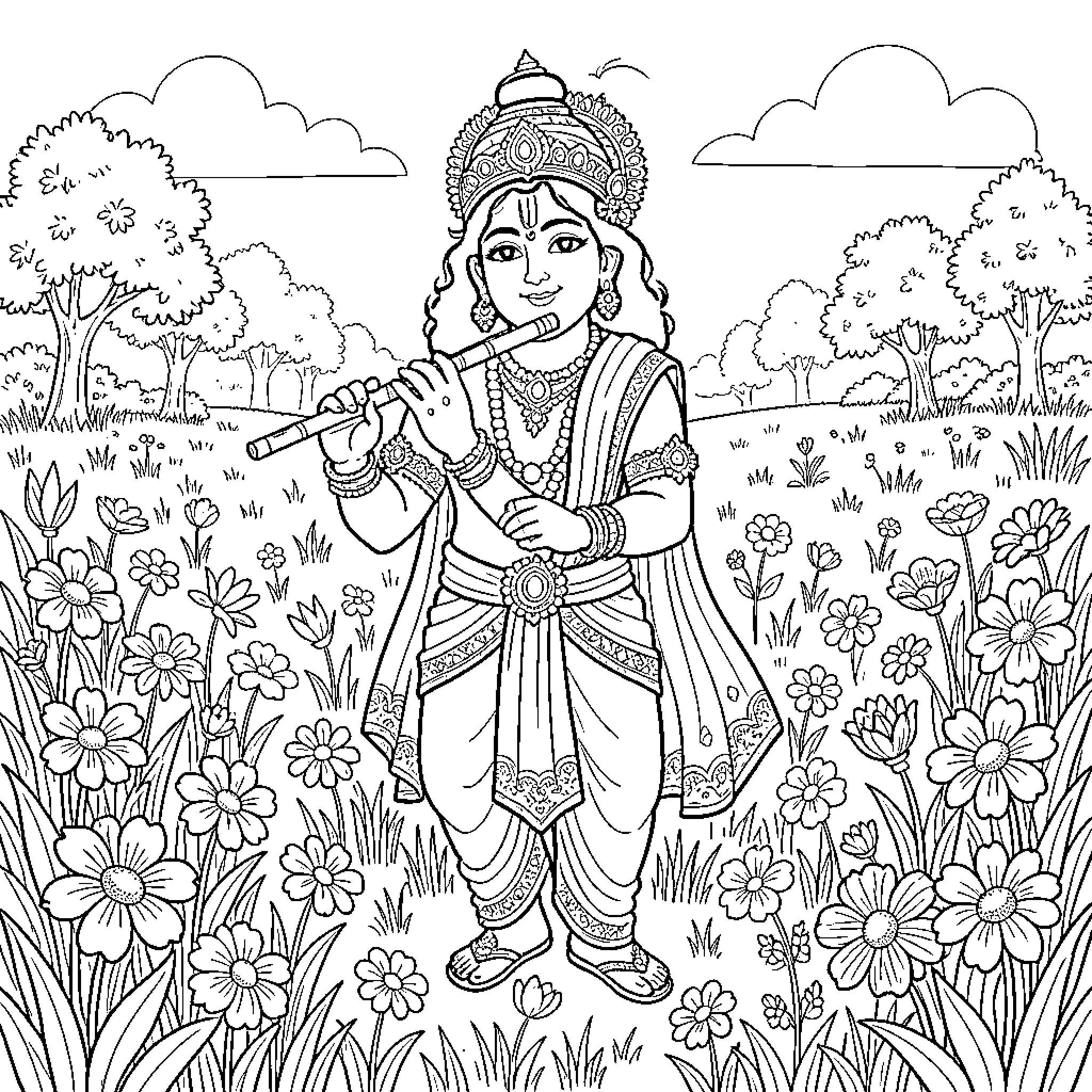 Krishna playing the flute in a garden Coloring Page (free black-and-white line drawing printable PDF for all, from beginners to advanced learners, including children, teens, adults, and seniors)