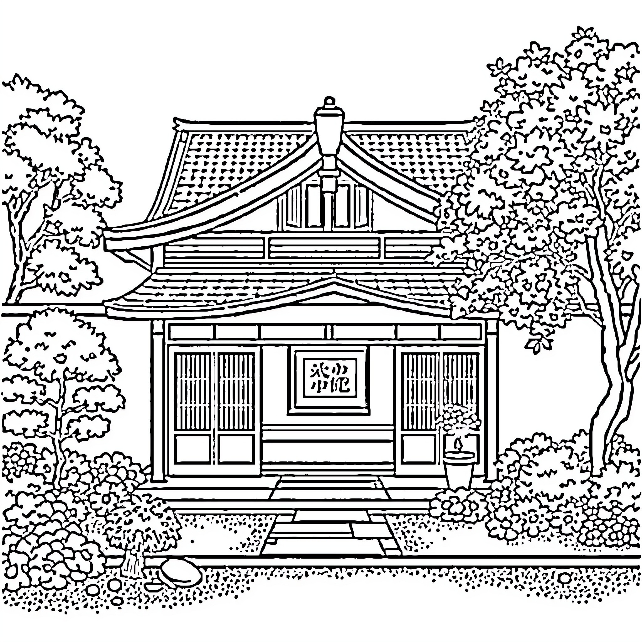 Japanese House in Tranquil Garden Landscape Coloring Page (free black-and-white line drawing printable PDF for all, from beginners to advanced learners, including children, teens, adults, and seniors)