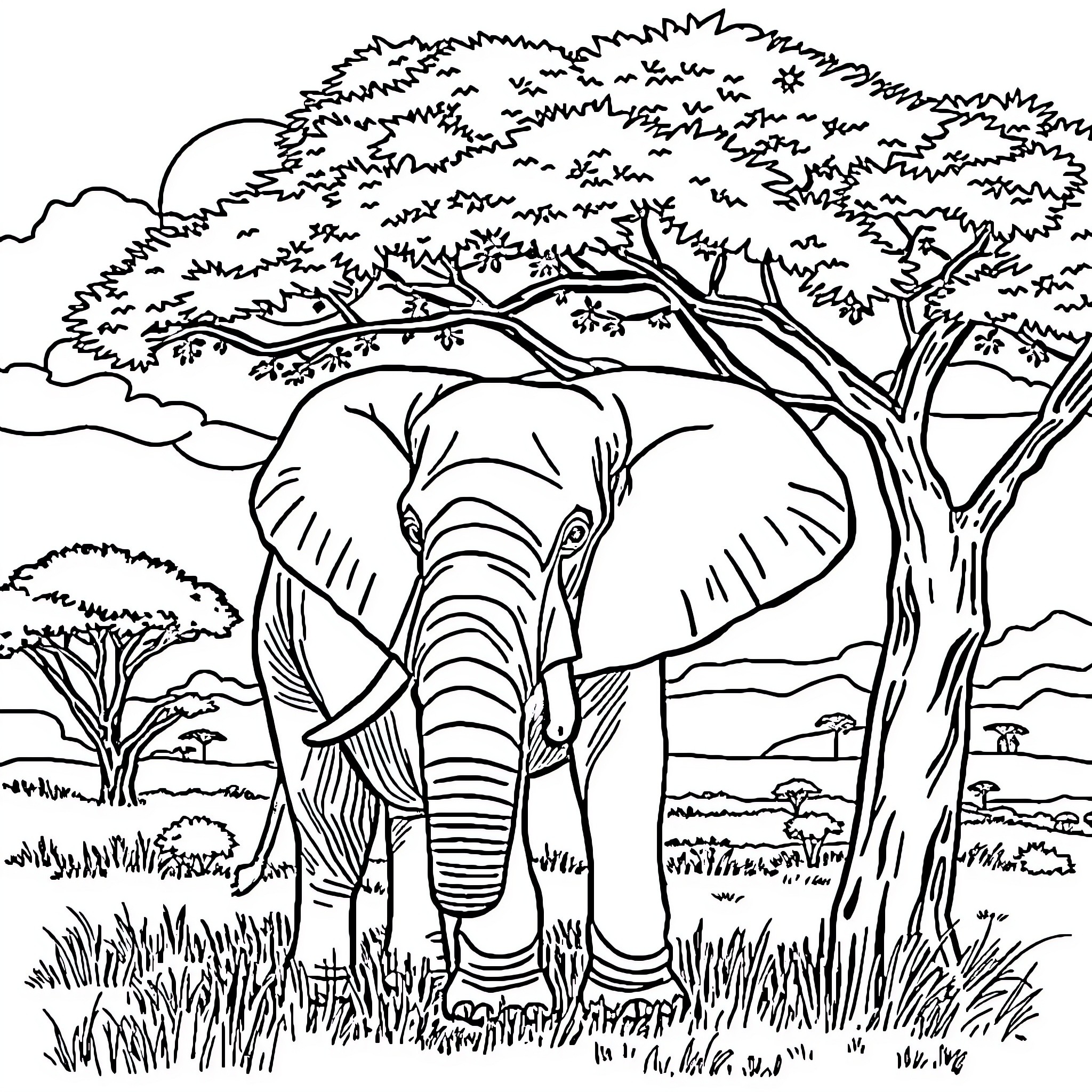 Elephant walking through lush landscape Coloring Page (free black-and-white line drawing printable PDF for all, from beginners to advanced learners, including children, teens, adults, and seniors)