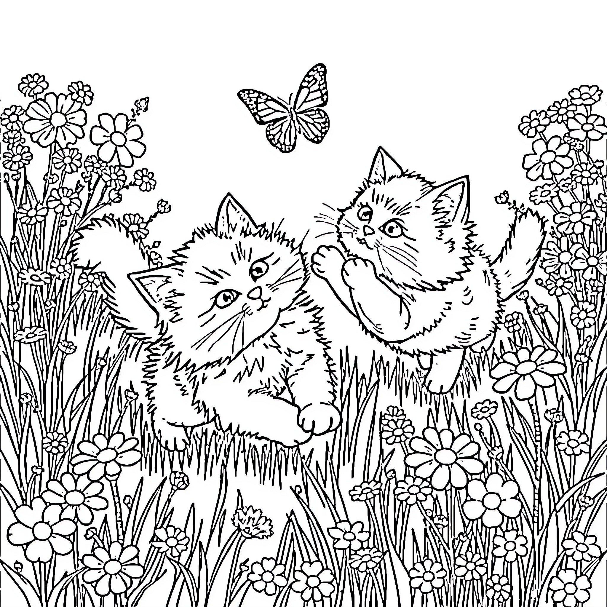 Cat kittens playing in floral field Coloring Page (free black-and-white line drawing printable PDF for all, from beginners to advanced learners, including children, teens, adults, and seniors)