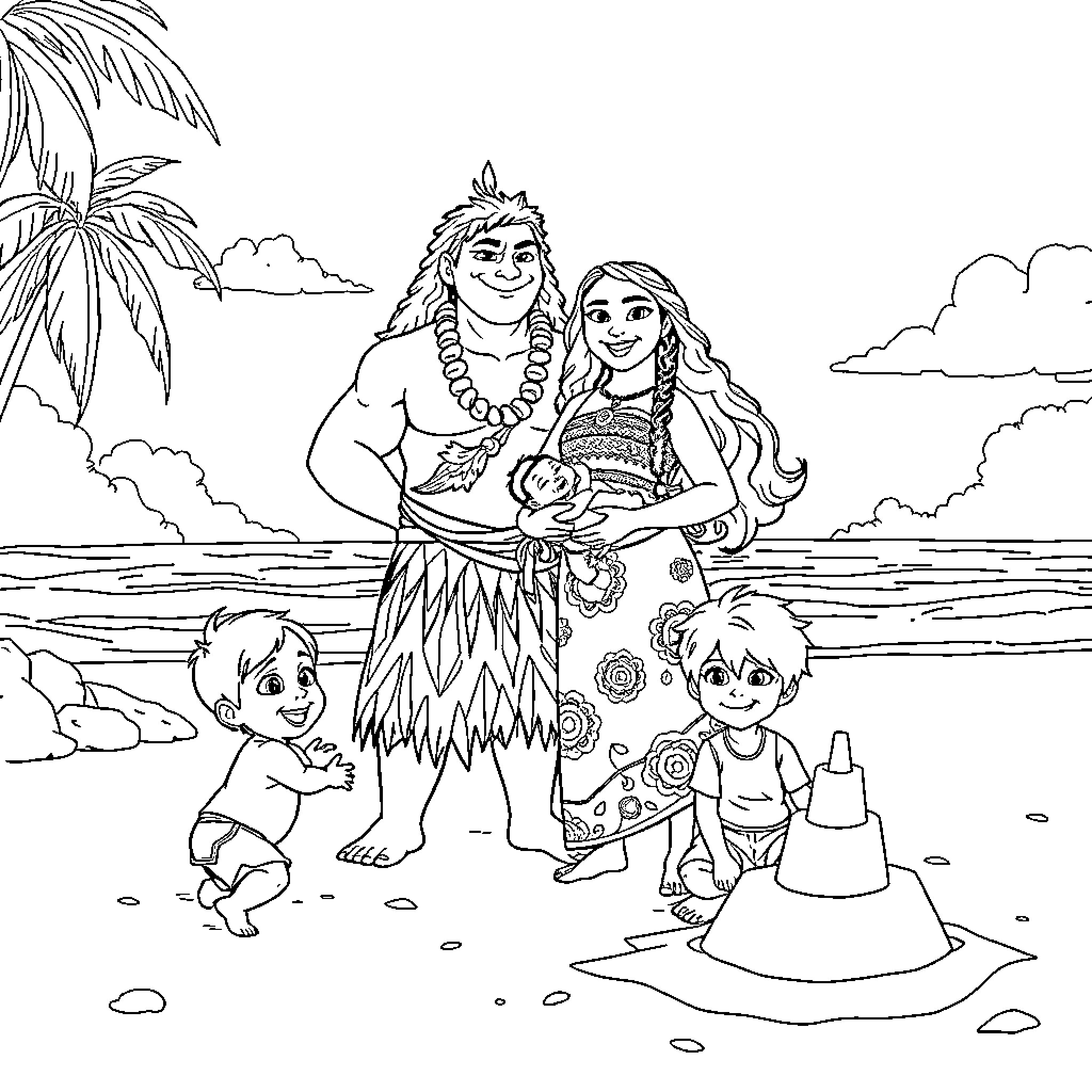Moana and her family enjoying a scenic beach outing Coloring Page (free black-and-white line drawing printable PDF for all, from beginners to advanced learners, including children, teens, adults, and seniors)
