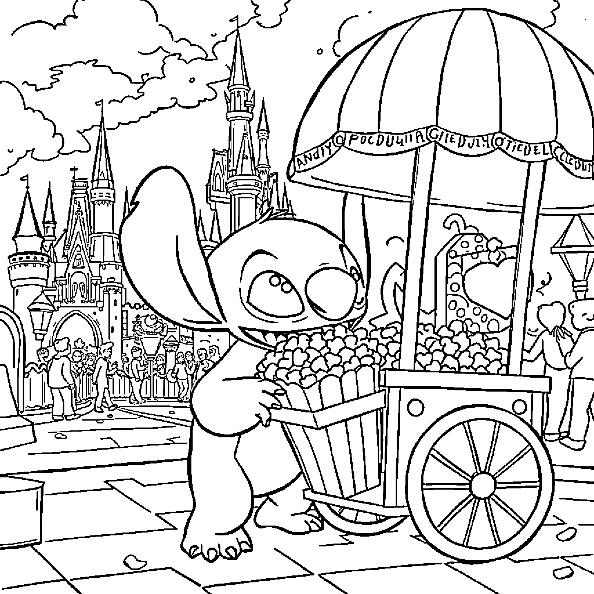 Stitch's Magical Snack Cart Adventure Coloring Page (free black-and-white line drawing printable PDF for all, from beginners to advanced learners, including children, teens, adults, and seniors)