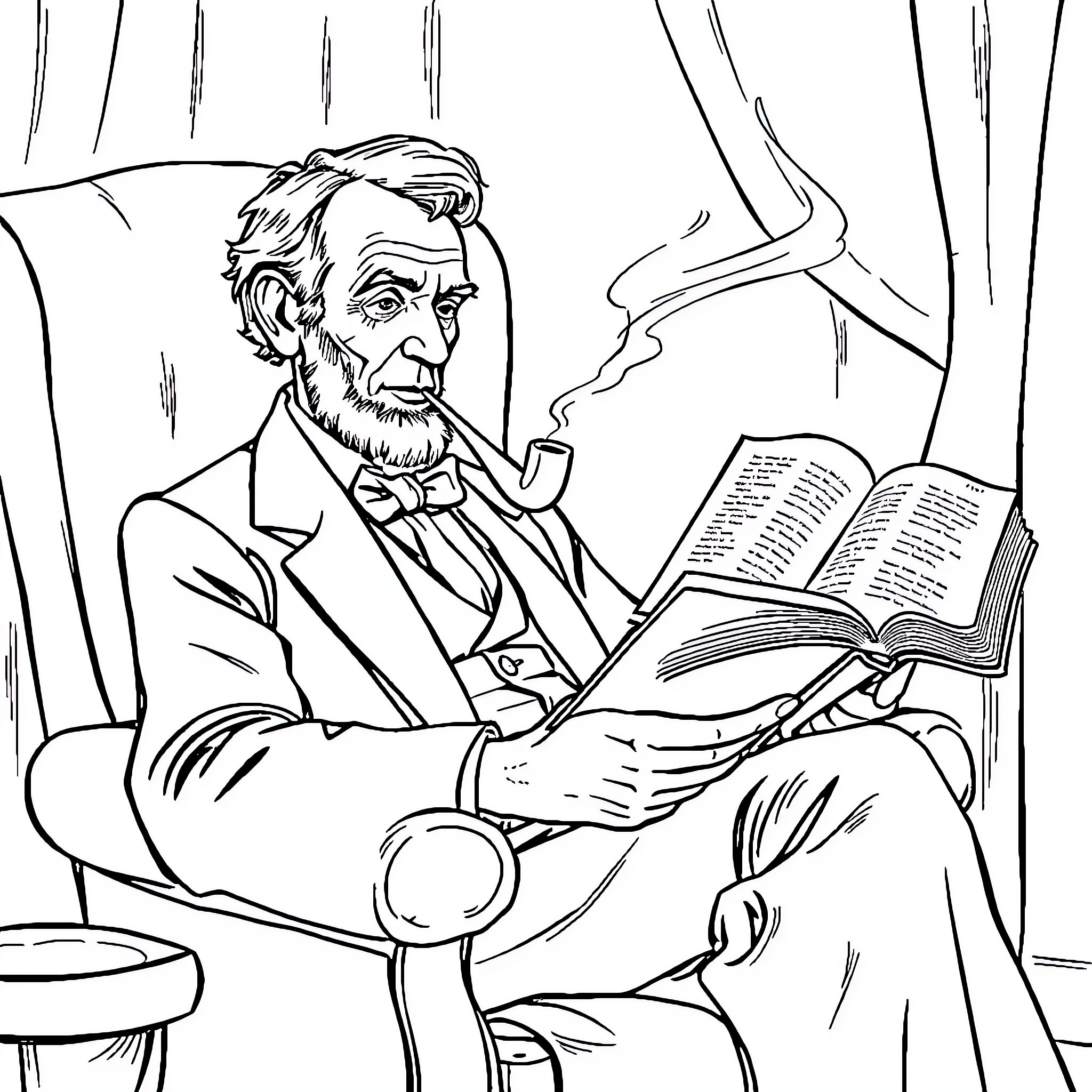 Abe Lincoln reading a book intently in his study Coloring Page (free black-and-white line drawing printable PDF for all, from beginners to advanced learners, including children, teens, adults, and seniors)
