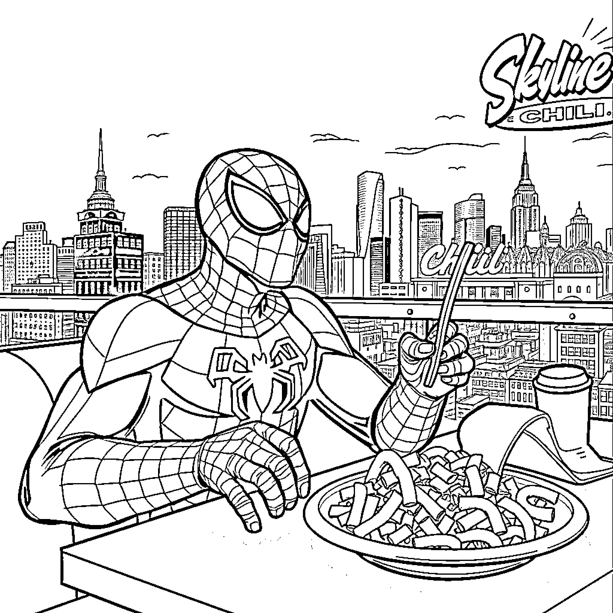 Spider-Man enjoying a meal in the city Coloring Page (free black-and-white line drawing printable PDF for all, from beginners to advanced learners, including children, teens, adults, and seniors)