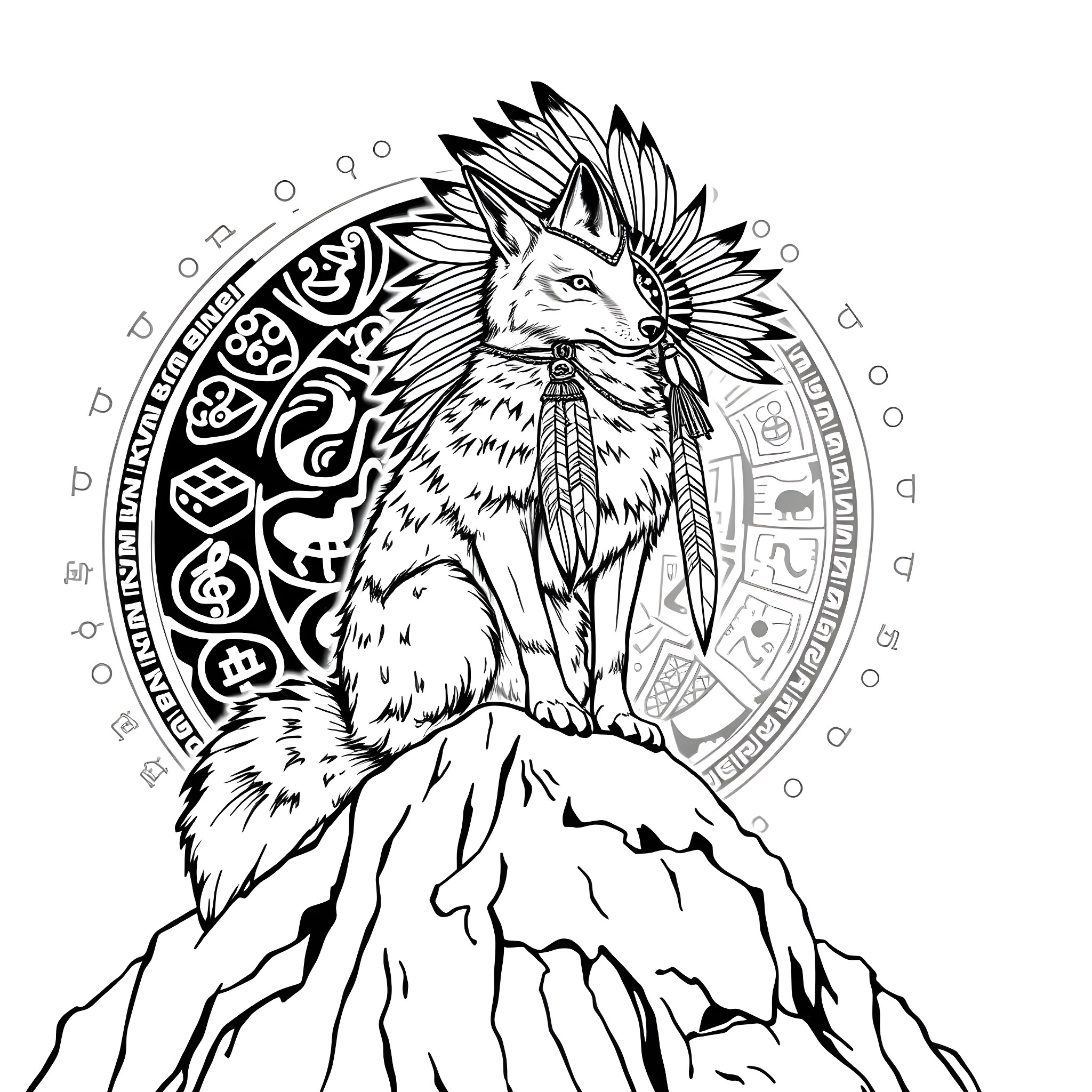 Coyote spirit animal on a cliff with tribal patterns Coloring Page (free black-and-white line drawing printable PDF for all, from beginners to advanced learners, including children, teens, adults, and seniors)
