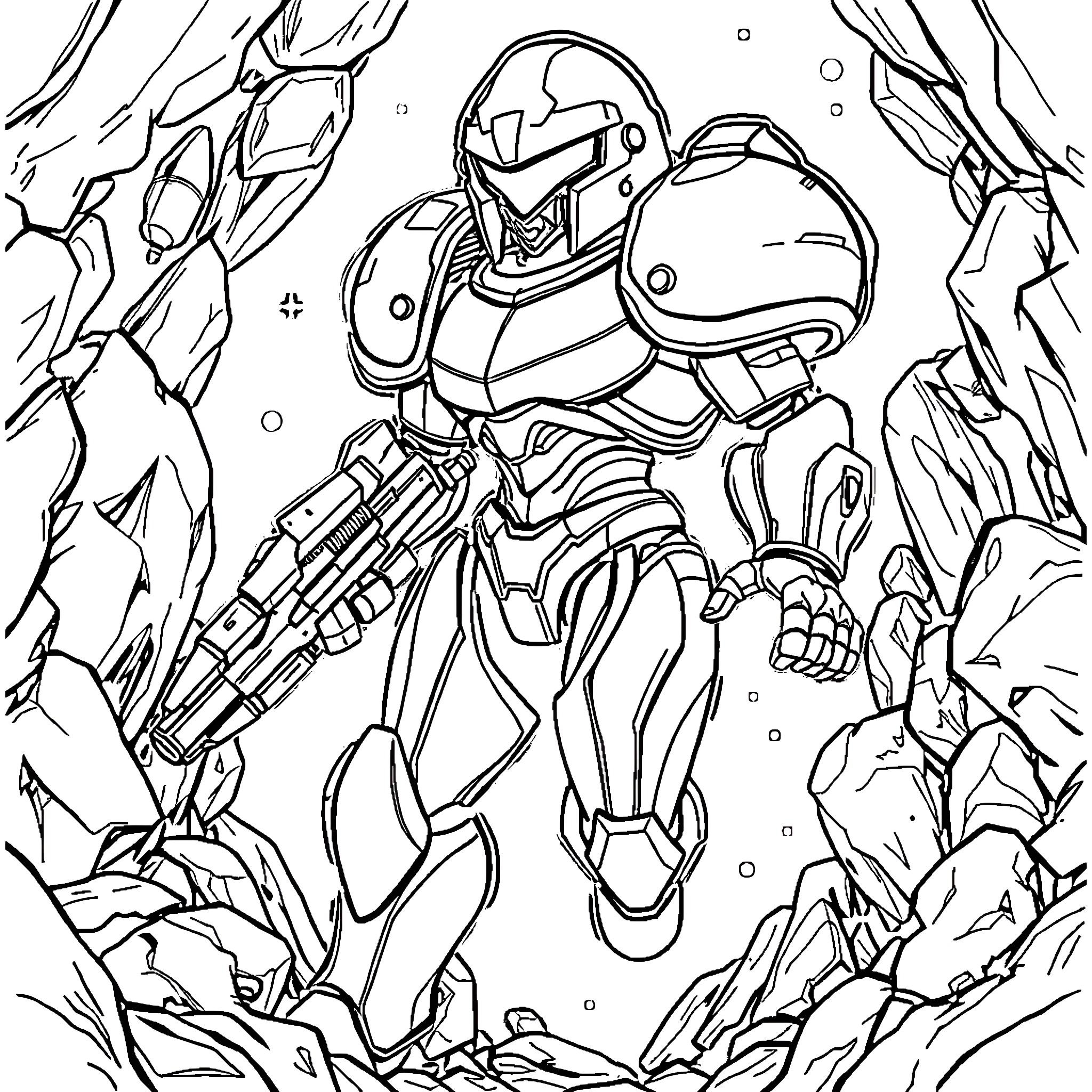 Samus Exploring Alien Terrain Coloring Page (free black-and-white line drawing printable PDF for all, from beginners to advanced learners, including children, teens, adults, and seniors)