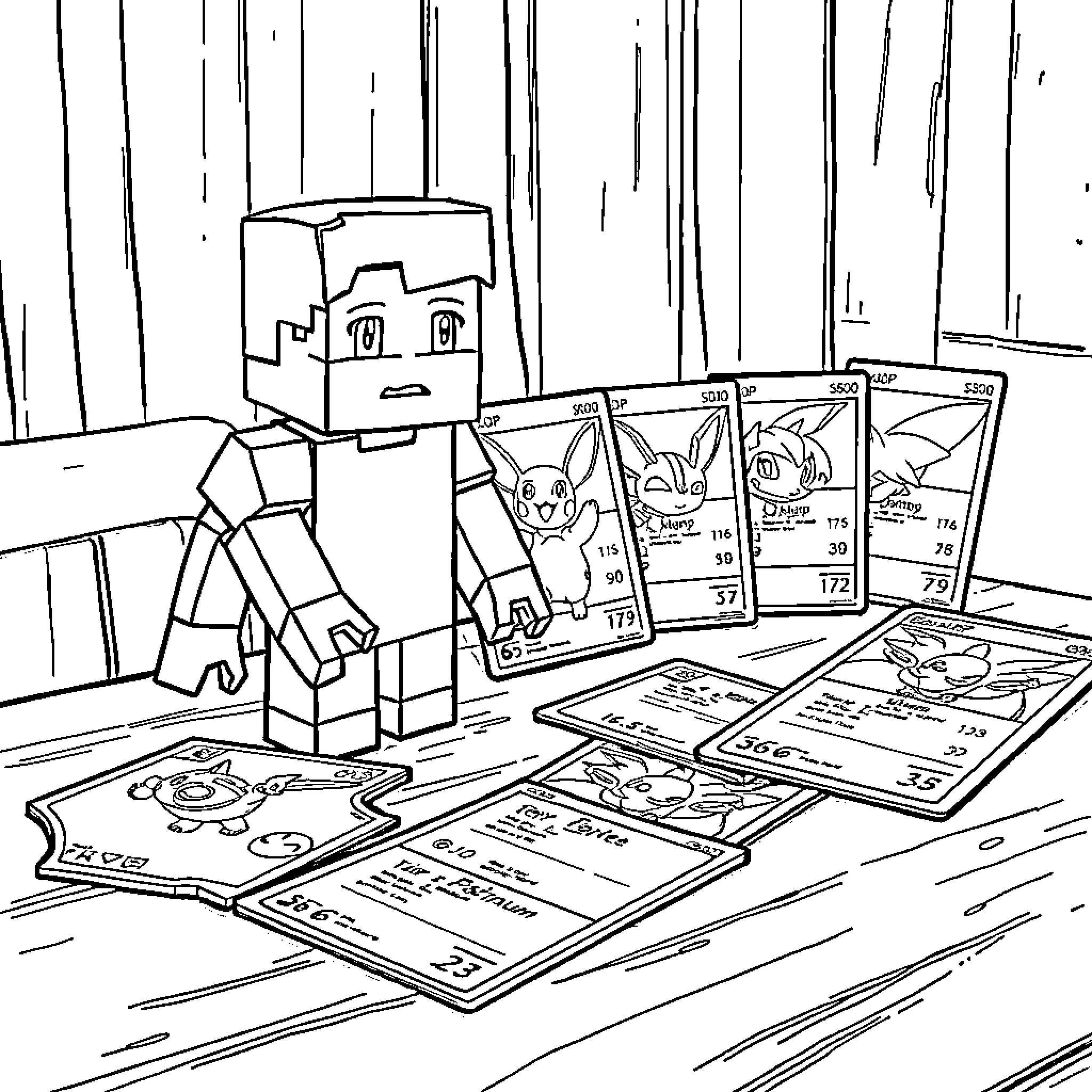 Minecraft Figure Playing with Pokemon Cards Coloring Page (free black-and-white line drawing printable PDF for all, from beginners to advanced learners, including children, teens, adults, and seniors)