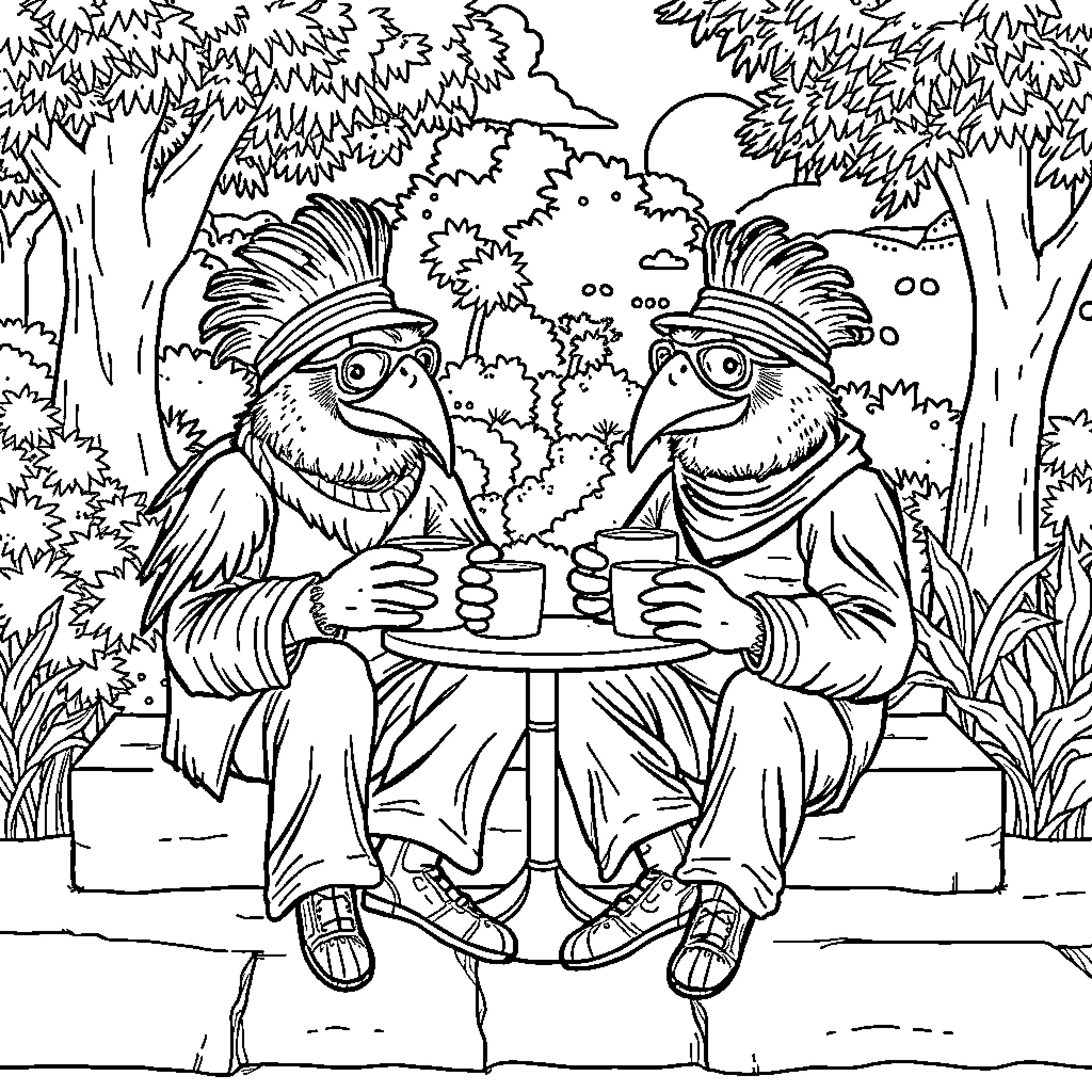 Gourds enjoying a cozy chat in the woods Coloring Page (free black-and-white line drawing printable PDF for all, from beginners to advanced learners, including children, teens, adults, and seniors)
