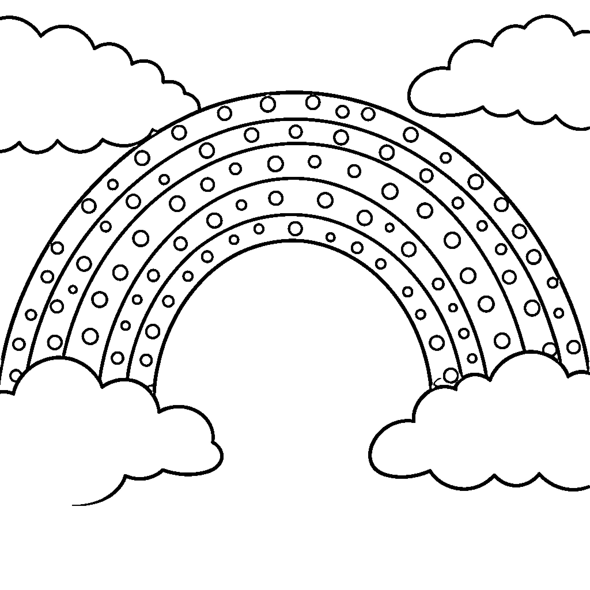 Rainbow arching gracefully between fluffy clouds Coloring Page (free black-and-white line drawing printable PDF for all, from beginners to advanced learners, including children, teens, adults, and seniors)