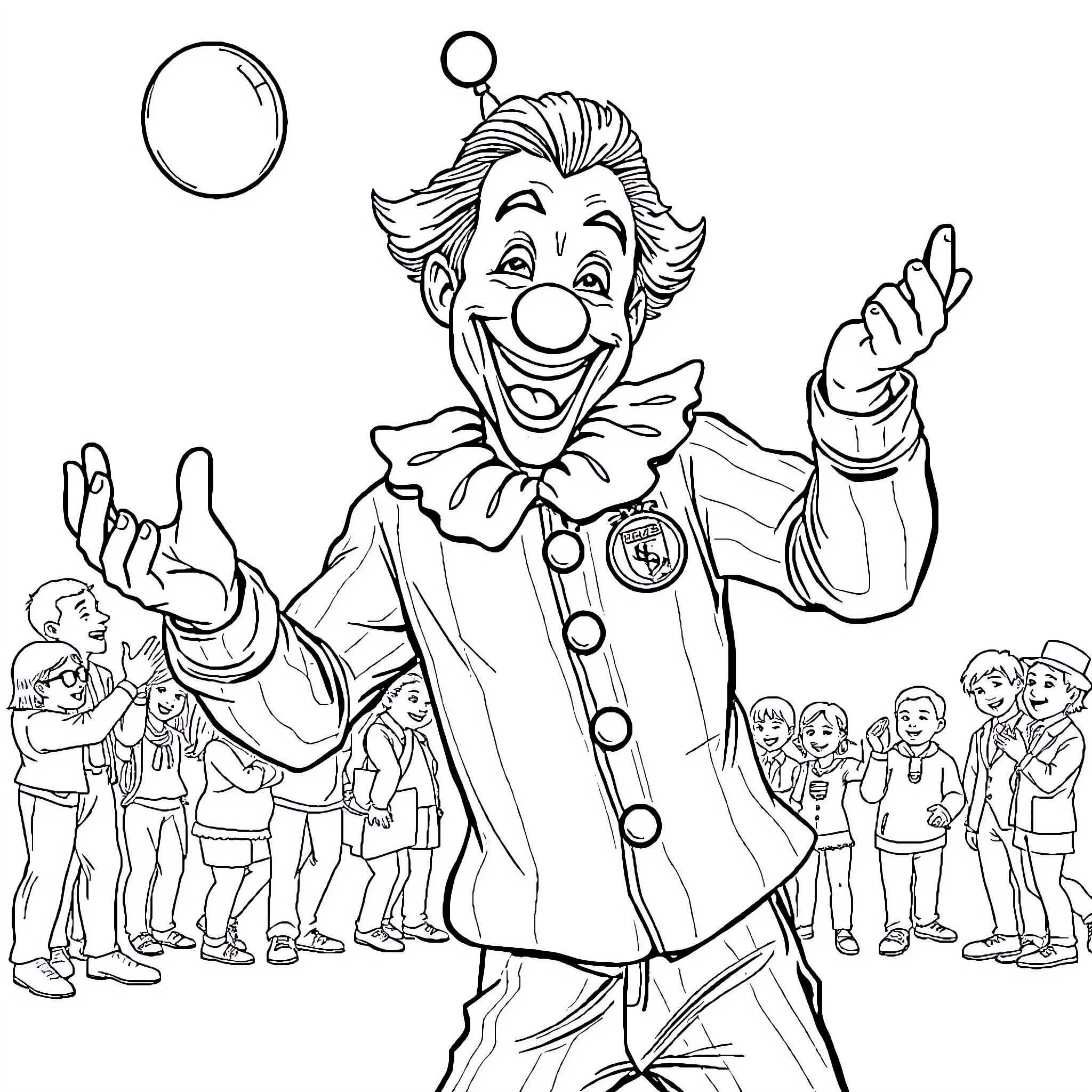 Ronaldo the Clown Entertains a Crowd Coloring Page (free black-and-white line drawing printable PDF for all, from beginners to advanced learners, including children, teens, adults, and seniors)