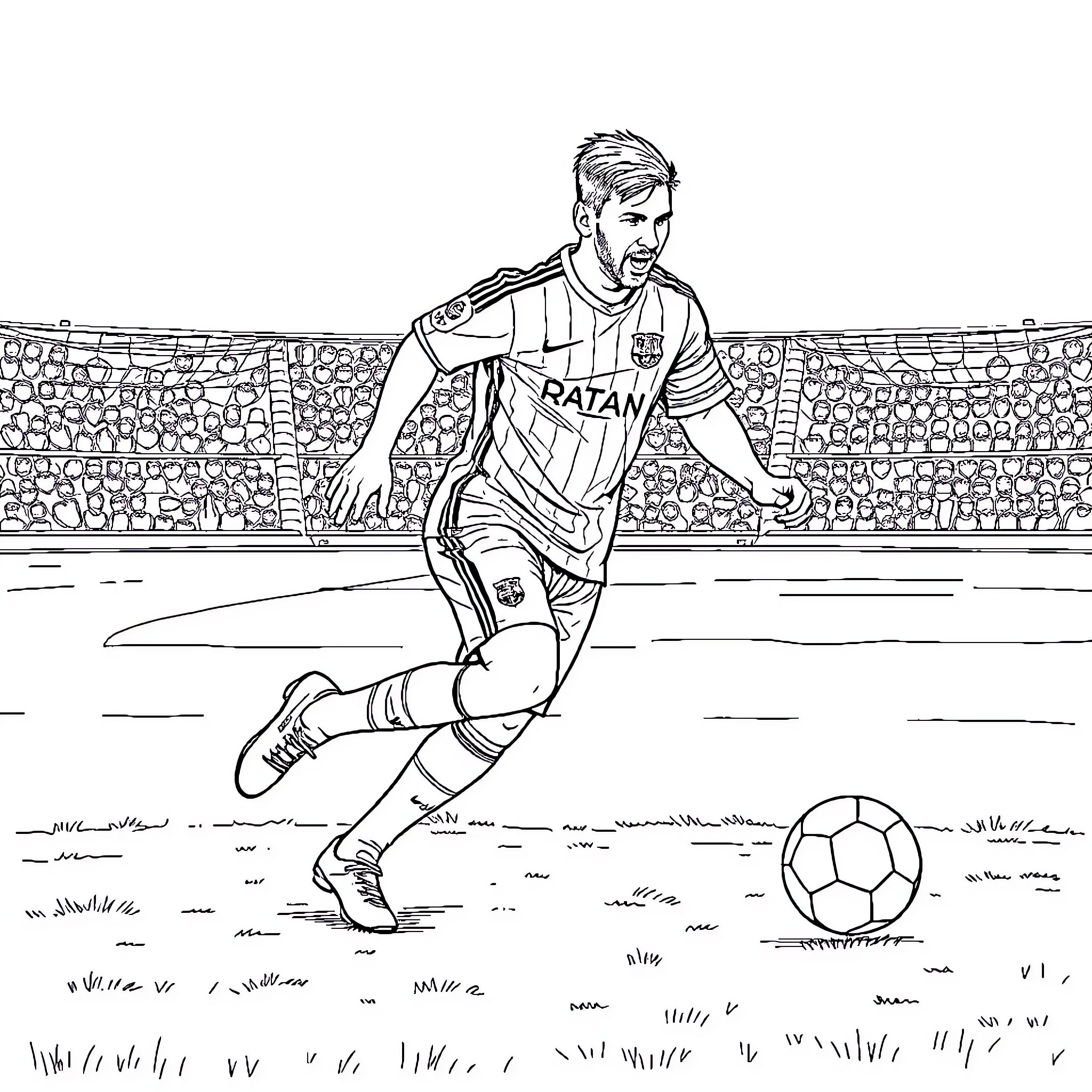 Messi Dribbling with Passion on the Pitch Coloring Page (free black-and-white line drawing printable PDF for all, from beginners to advanced learners, including children, teens, adults, and seniors)