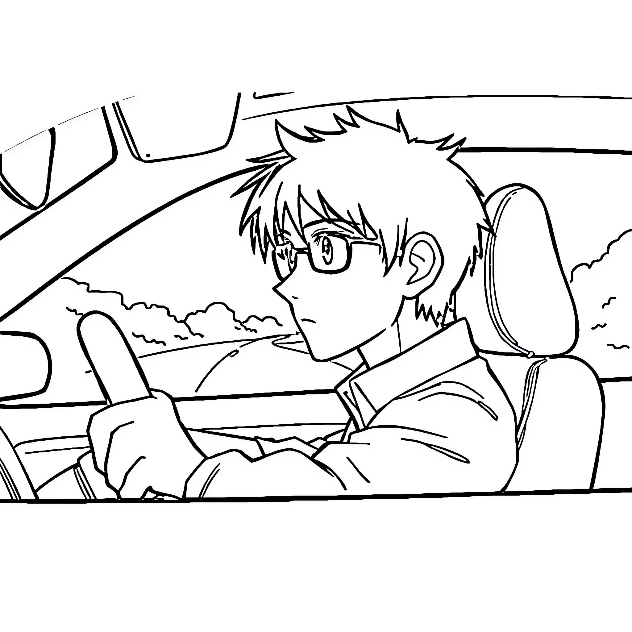 Obito driving in stormy weather Coloring Page (free black-and-white line drawing printable PDF for all, from beginners to advanced learners, including children, teens, adults, and seniors)