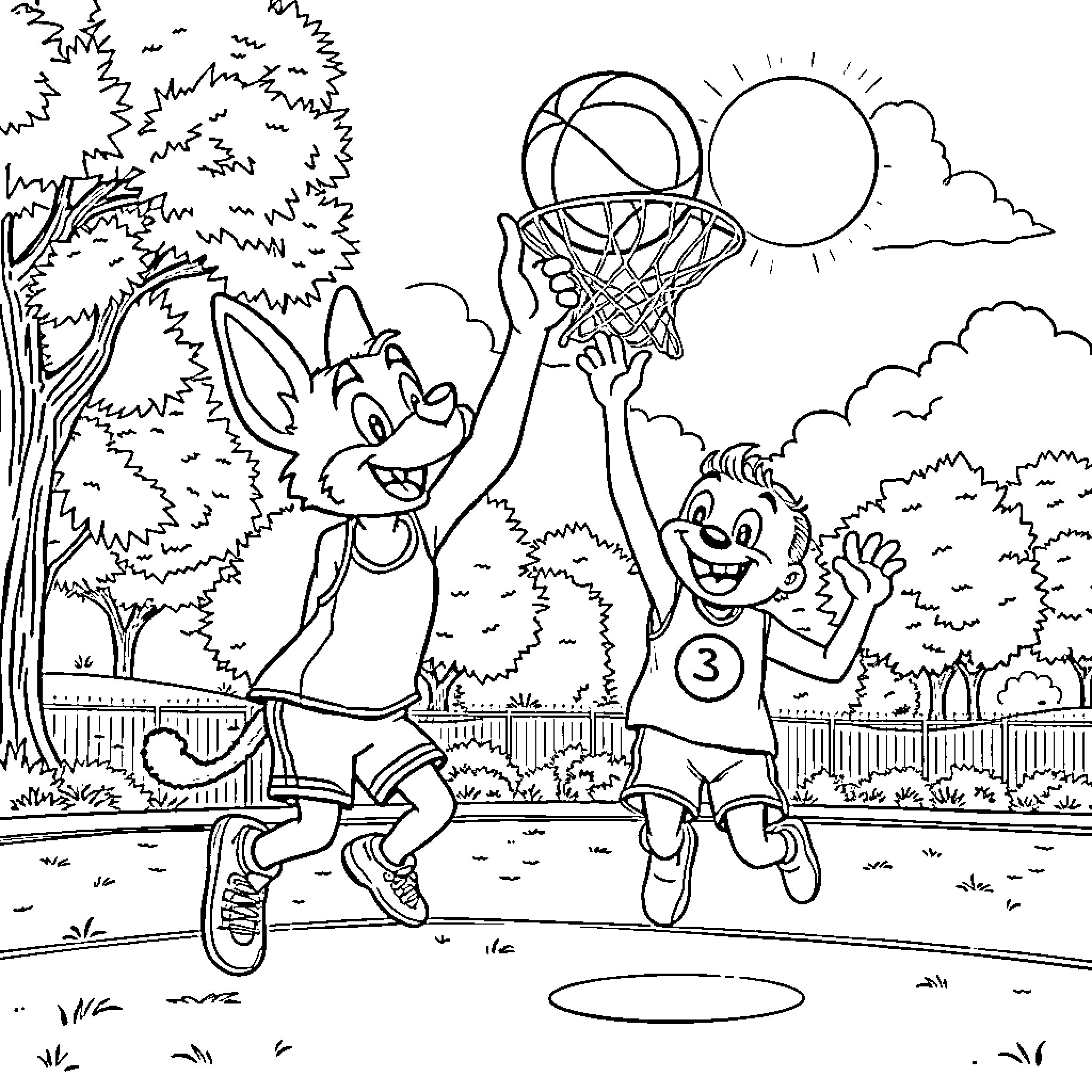 Bluey and Bingo playing basketball happily outdoors Coloring Page (free black-and-white line drawing printable PDF for all, from beginners to advanced learners, including children, teens, adults, and seniors)
