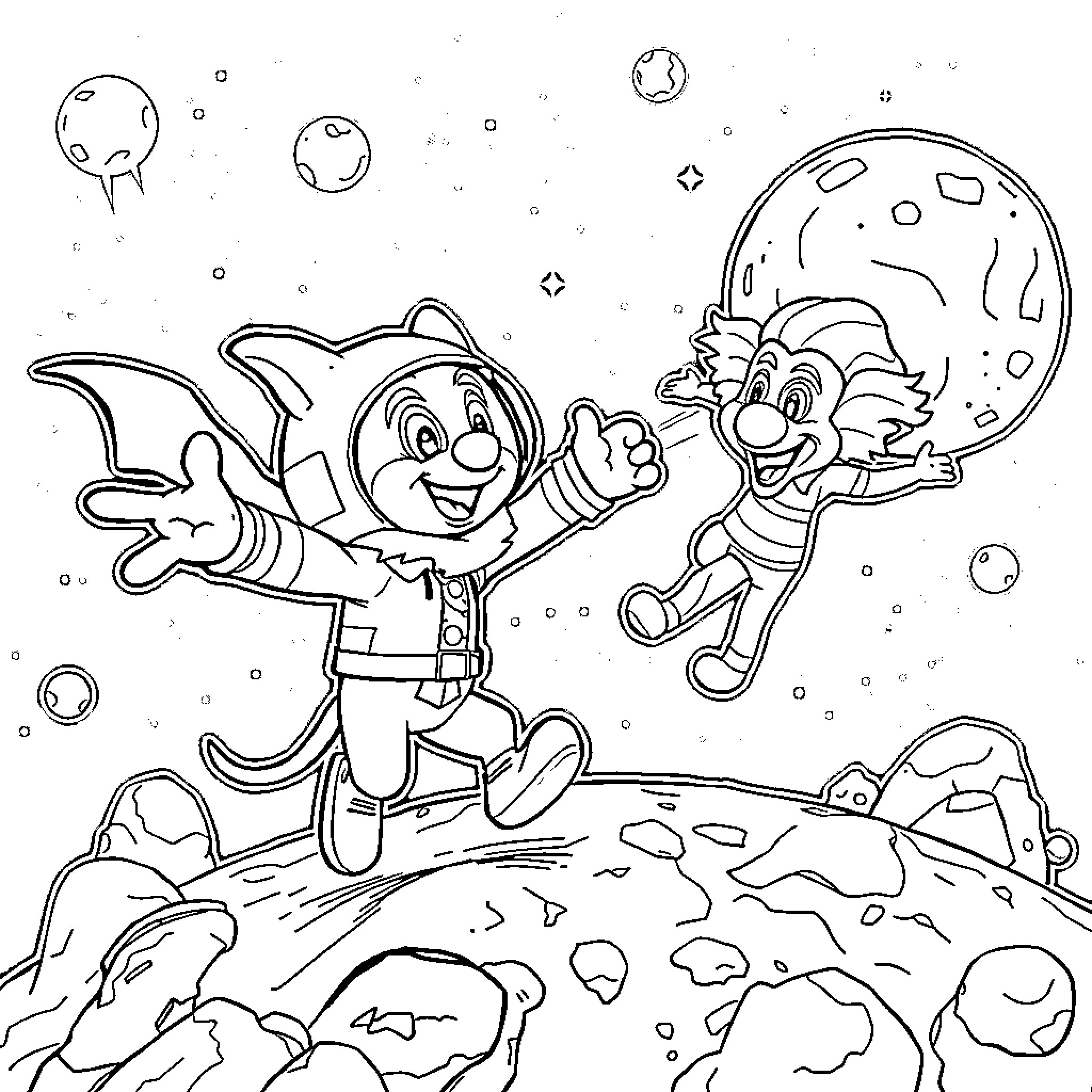 Gizmo exploring the wondrous cosmos with friends Coloring Page (free black-and-white line drawing printable PDF for all, from beginners to advanced learners, including children, teens, adults, and seniors)