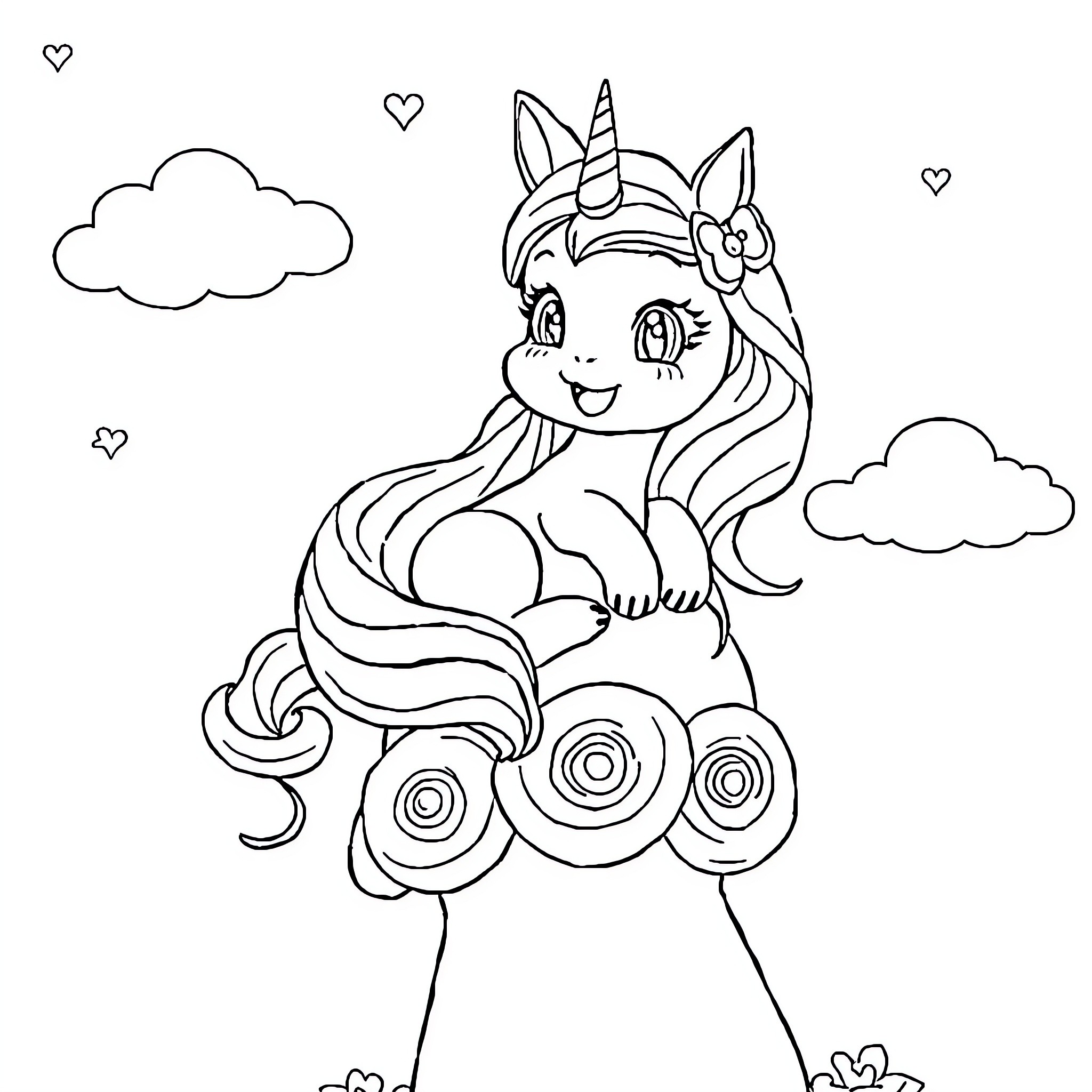 Gaby the Unicorn Playing Happily in the Clouds Coloring Page (free black-and-white line drawing printable PDF for all, from beginners to advanced learners, including children, teens, adults, and seniors)