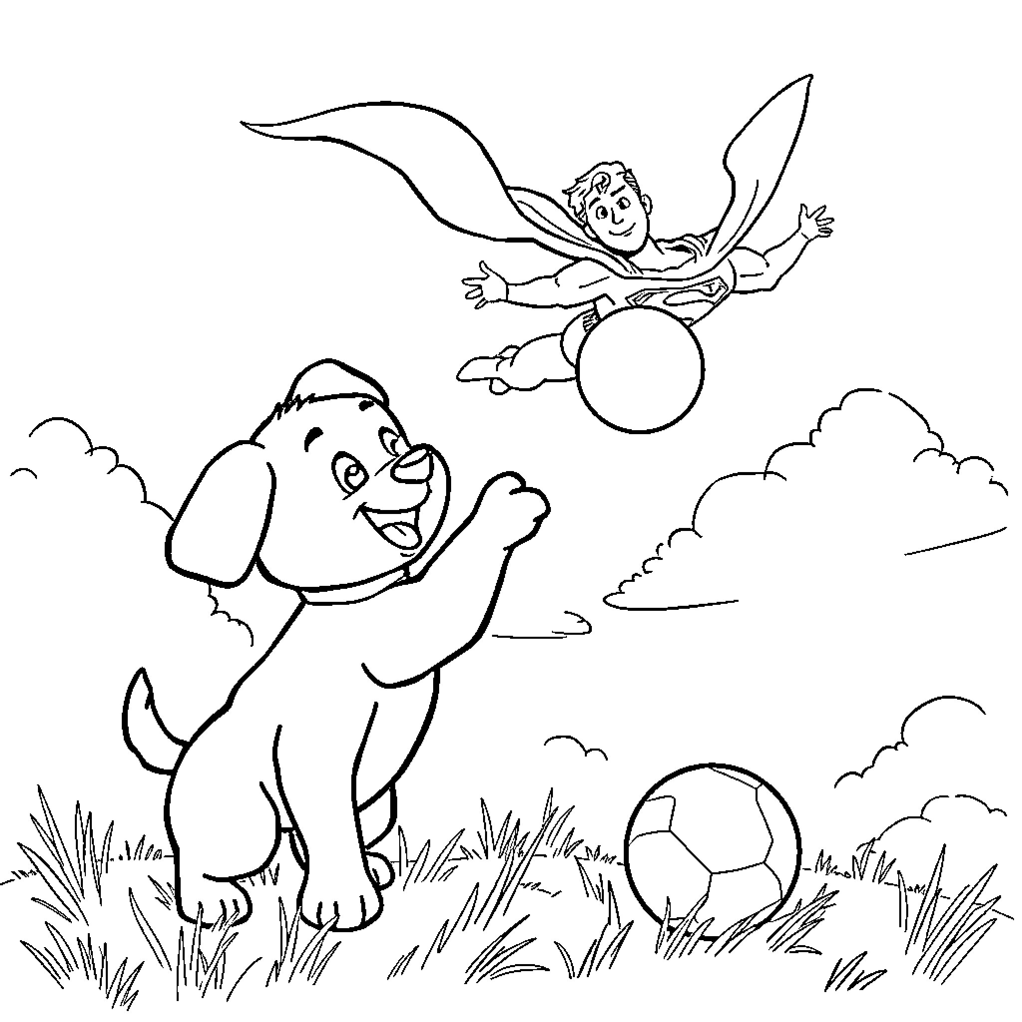 Bluey and puppy playing in the park Coloring Page (free black-and-white line drawing printable PDF for all, from beginners to advanced learners, including children, teens, adults, and seniors)