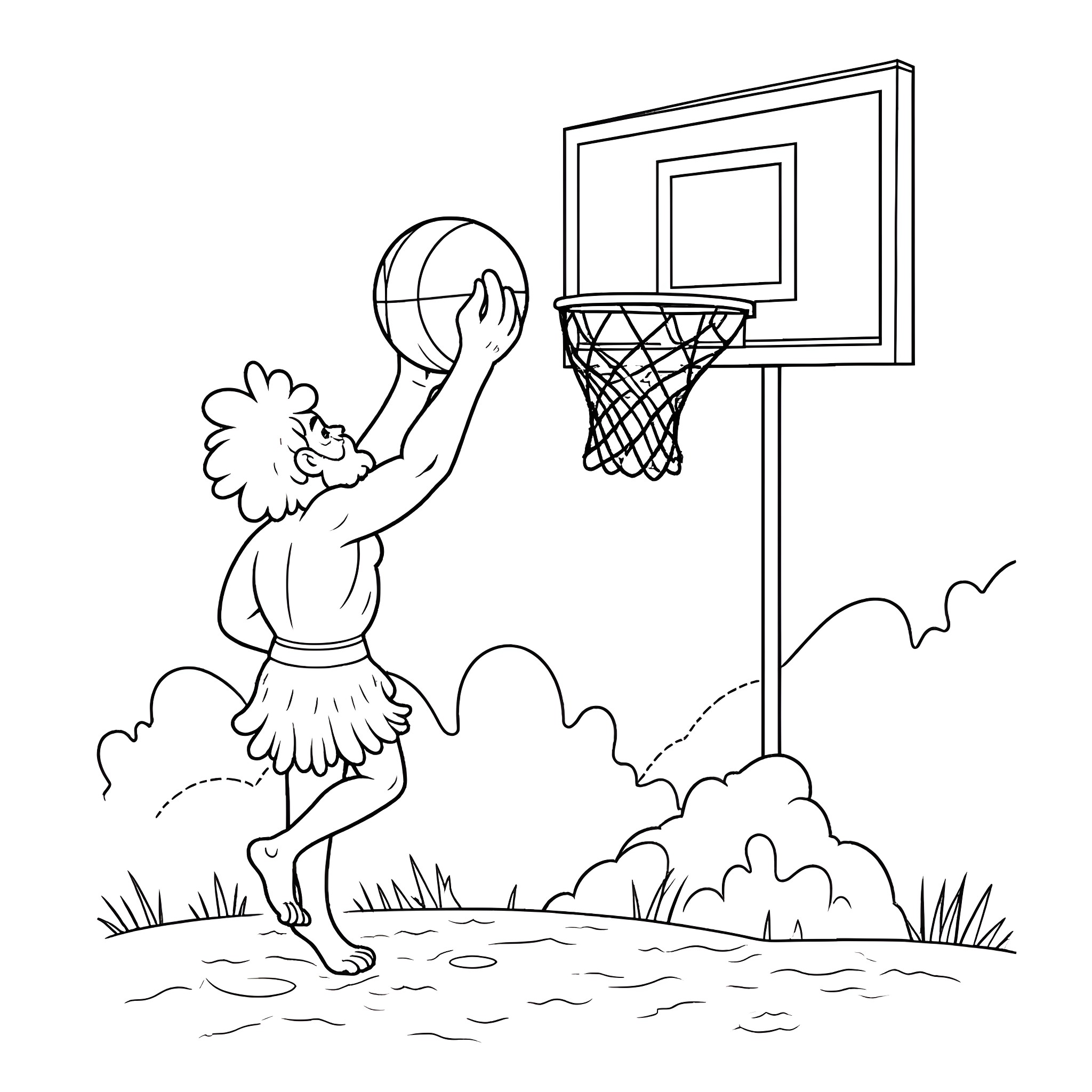 Caveman playing basketball outdoors Coloring Page (free black-and-white line drawing printable PDF for all, from beginners to advanced learners, including children, teens, adults, and seniors)