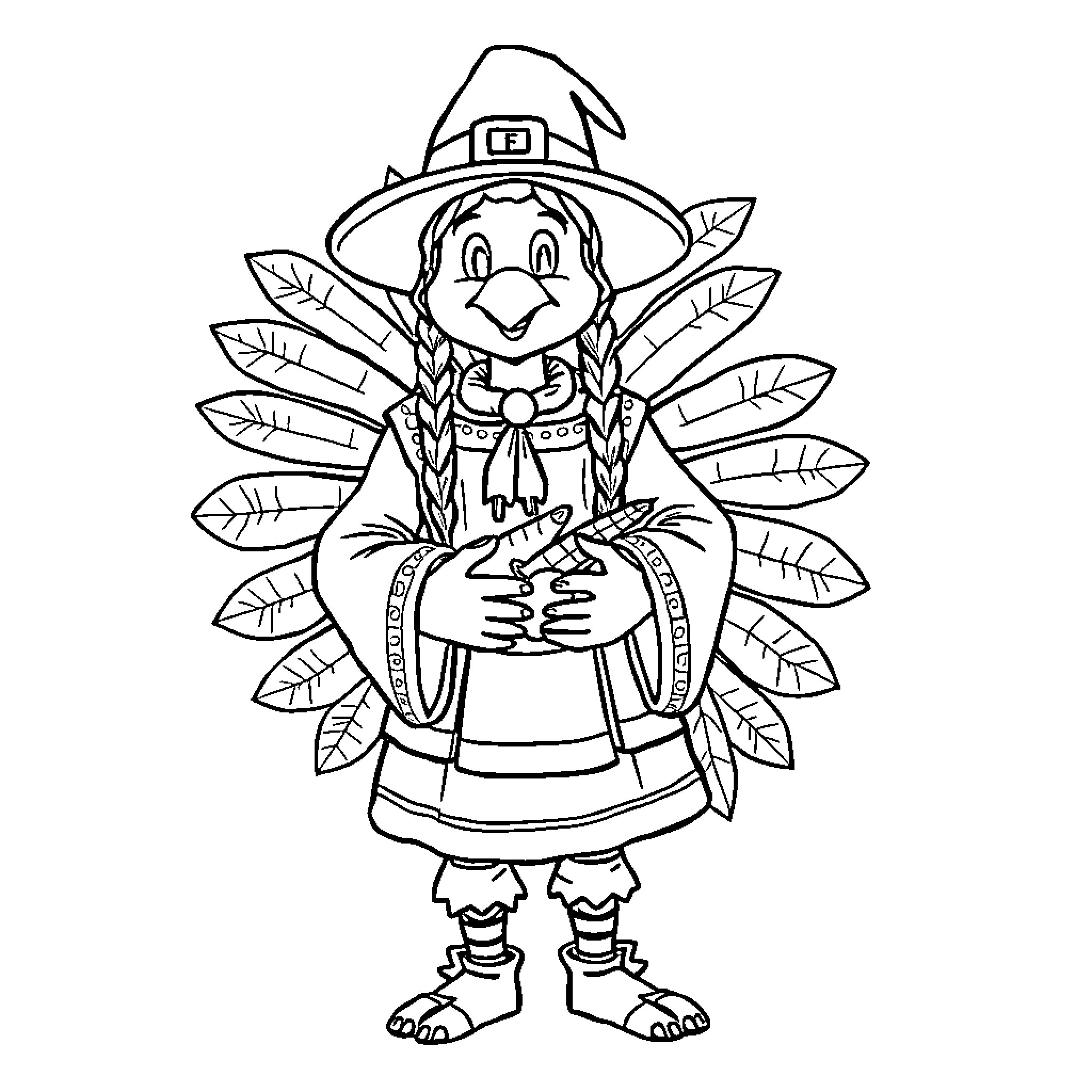 Turkey character in traditional outfit with feathers Coloring Page (free black-and-white line drawing printable PDF for all, from beginners to advanced learners, including children, teens, adults, and seniors)