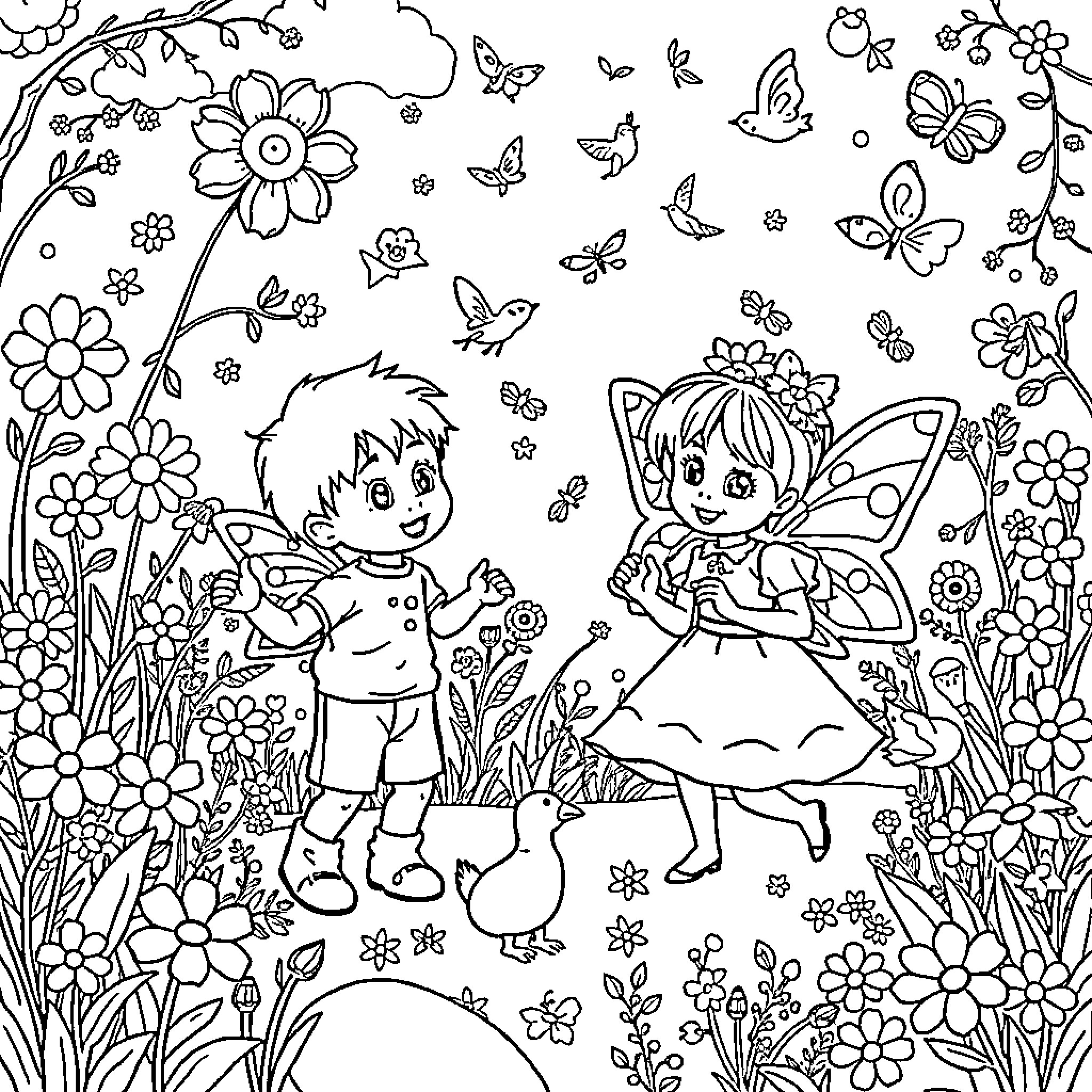 Ben and Holly playing with butterflies in a flowery meadow Coloring Page (free black-and-white line drawing printable PDF for all, from beginners to advanced learners, including children, teens, adults, and seniors)