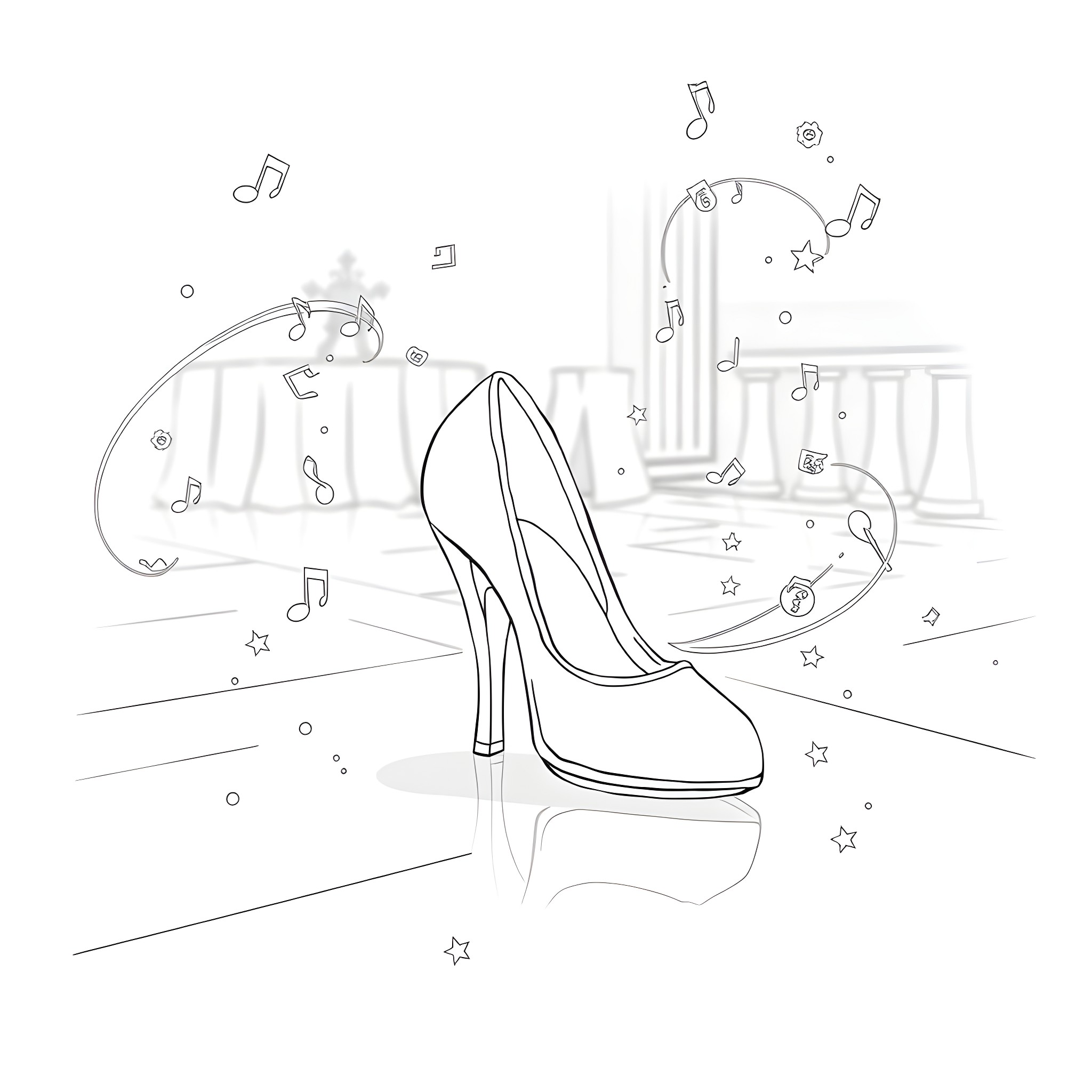 Cinderella's magical glass slipper in fairytale scene Coloring Page (free black-and-white line drawing printable PDF for all, from beginners to advanced learners, including children, teens, adults, and seniors)