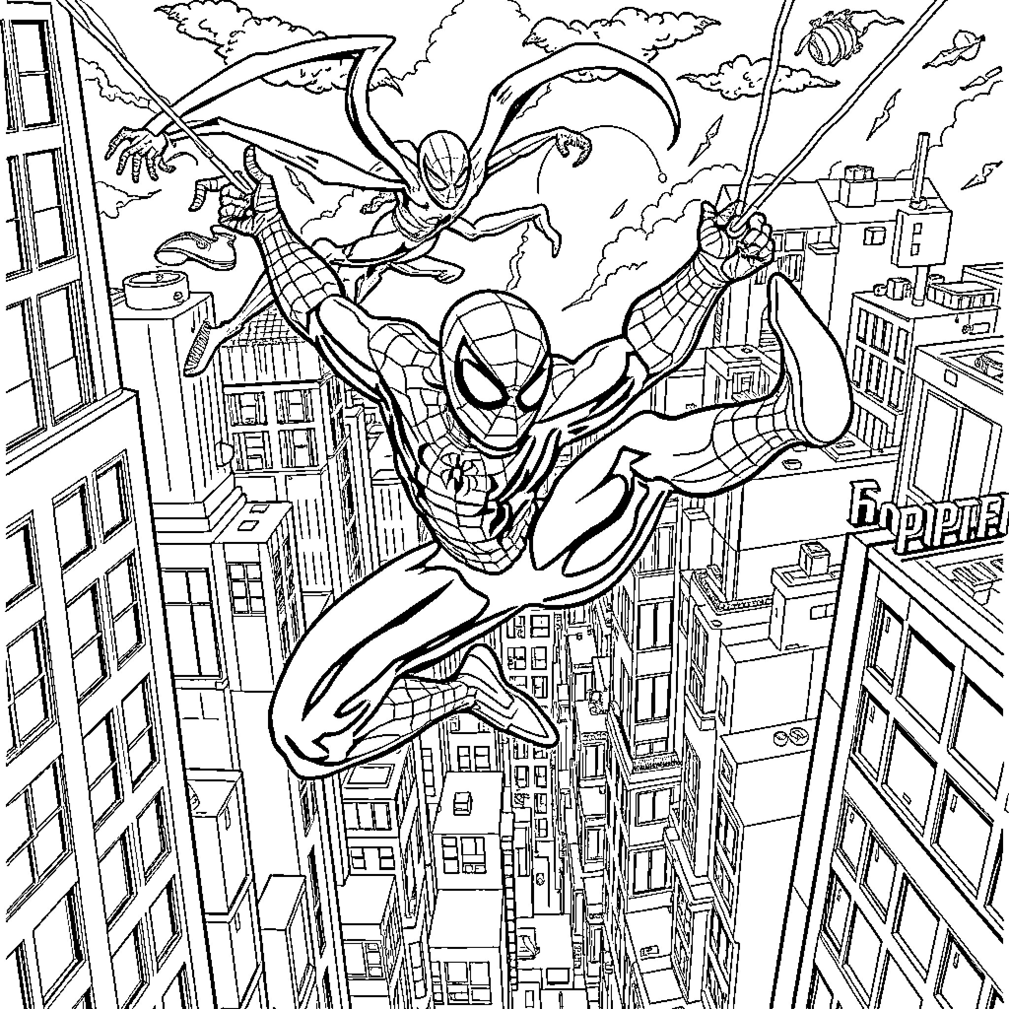 Spiderman and his nemesis swinging through the city Coloring Page (free black-and-white line drawing printable PDF for all, from beginners to advanced learners, including children, teens, adults, and seniors)