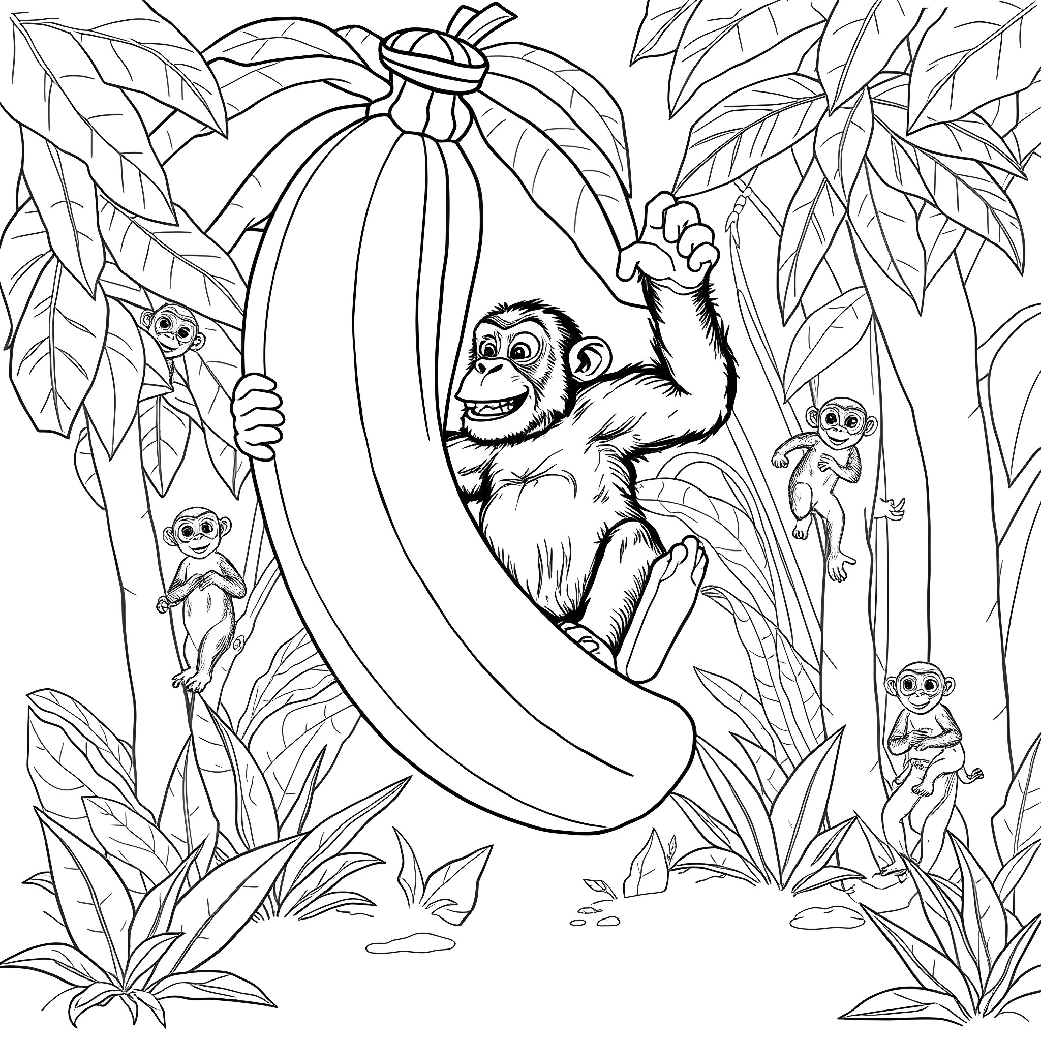Chimpanzee Playing Joyfully in Tropical Foliage Coloring Page (free black-and-white line drawing printable PDF for all, from beginners to advanced learners, including children, teens, adults, and seniors)