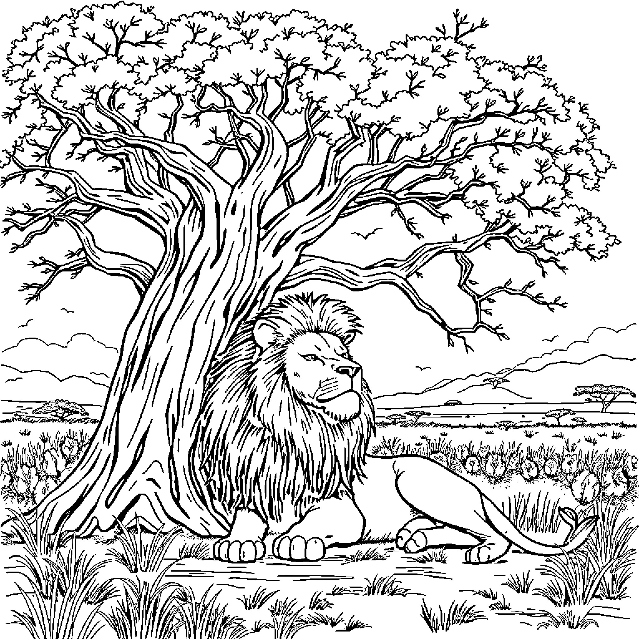 Lion resting under majestic tree in serene landscape Coloring Page (free black-and-white line drawing printable PDF for all, from beginners to advanced learners, including children, teens, adults, and seniors)