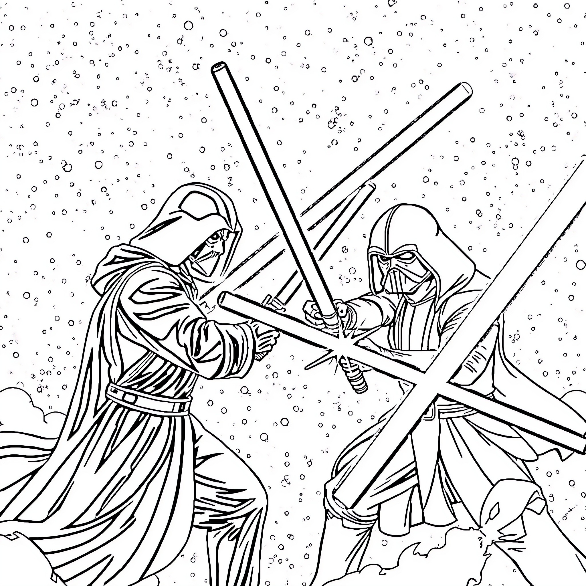 Lightsaber duel in snowy landscape Coloring Page (free black-and-white line drawing printable PDF for all, from beginners to advanced learners, including children, teens, adults, and seniors)