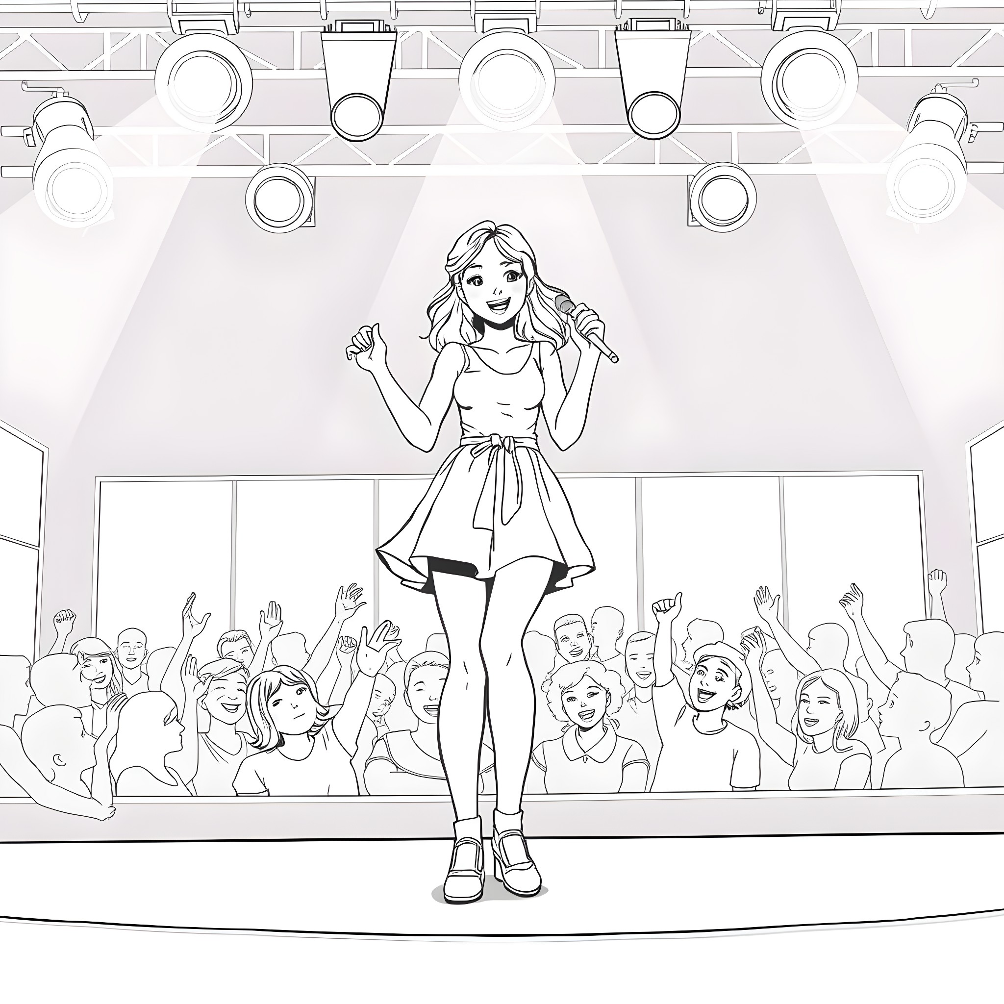 Teen Girl Singing on Stage with Crowd Coloring Page (free black-and-white line drawing printable PDF for all, from beginners to advanced learners, including children, teens, adults, and seniors)
