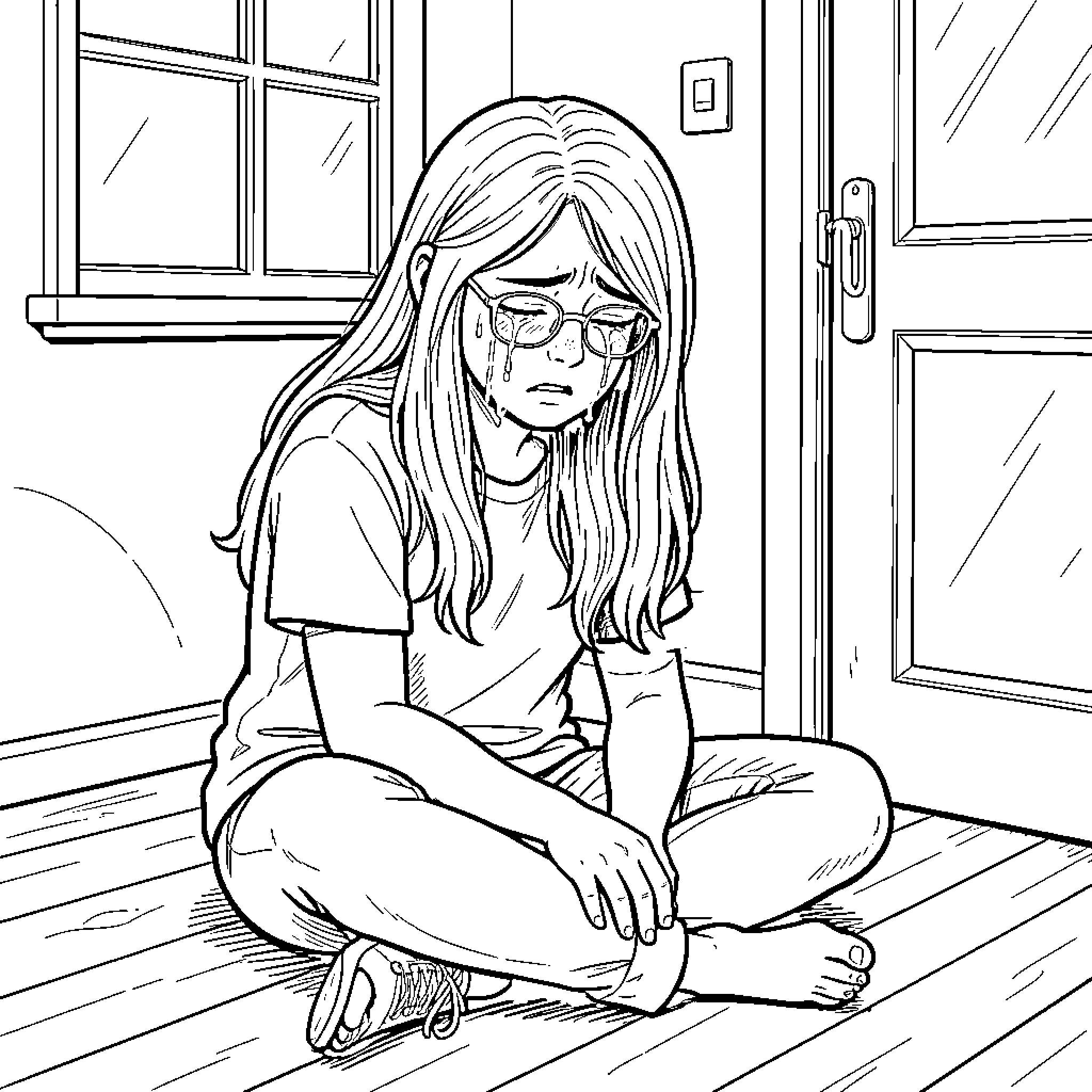 Girl sits alone in room, sadness visible Coloring Page (free black-and-white line drawing printable PDF for all, from beginners to advanced learners, including children, teens, adults, and seniors)