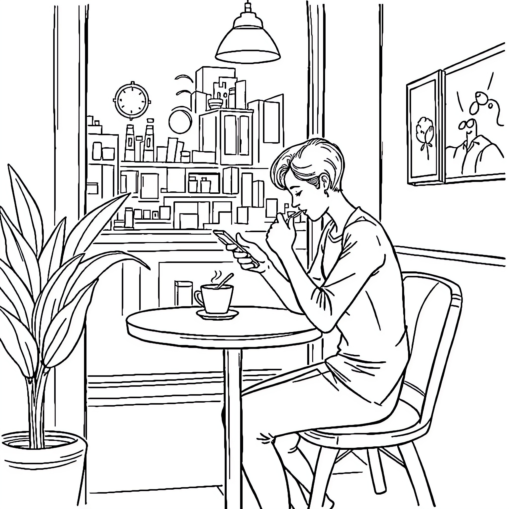 Person enjoying coffee in cozy office setting Coloring Page (free black-and-white line drawing printable PDF for all, from beginners to advanced learners, including children, teens, adults, and seniors)