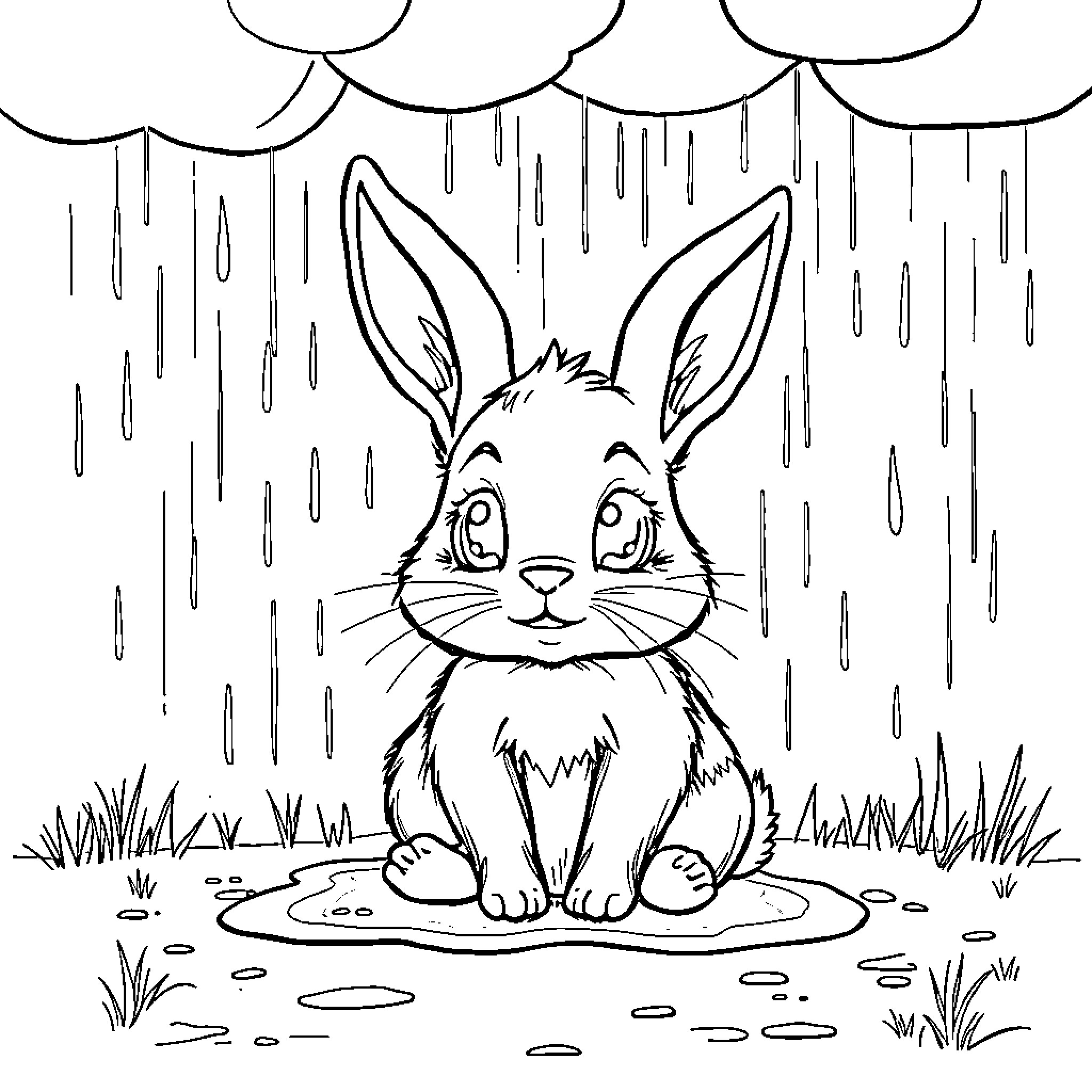 Rabbit hiding from rainy weather Coloring Page (free black-and-white line drawing printable PDF for all, from beginners to advanced learners, including children, teens, adults, and seniors)