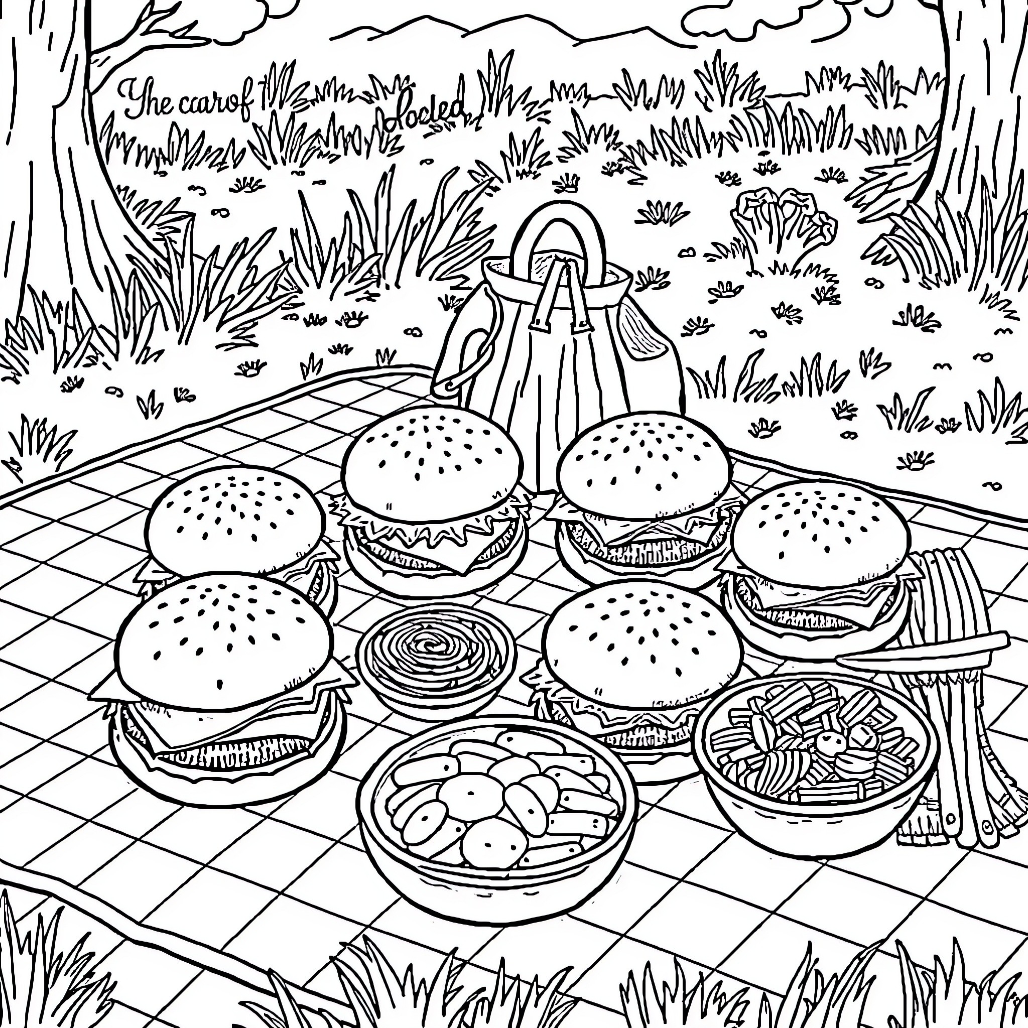 Hamburger picnic in the park Coloring Page (free black-and-white line drawing printable PDF for all, from beginners to advanced learners, including children, teens, adults, and seniors)