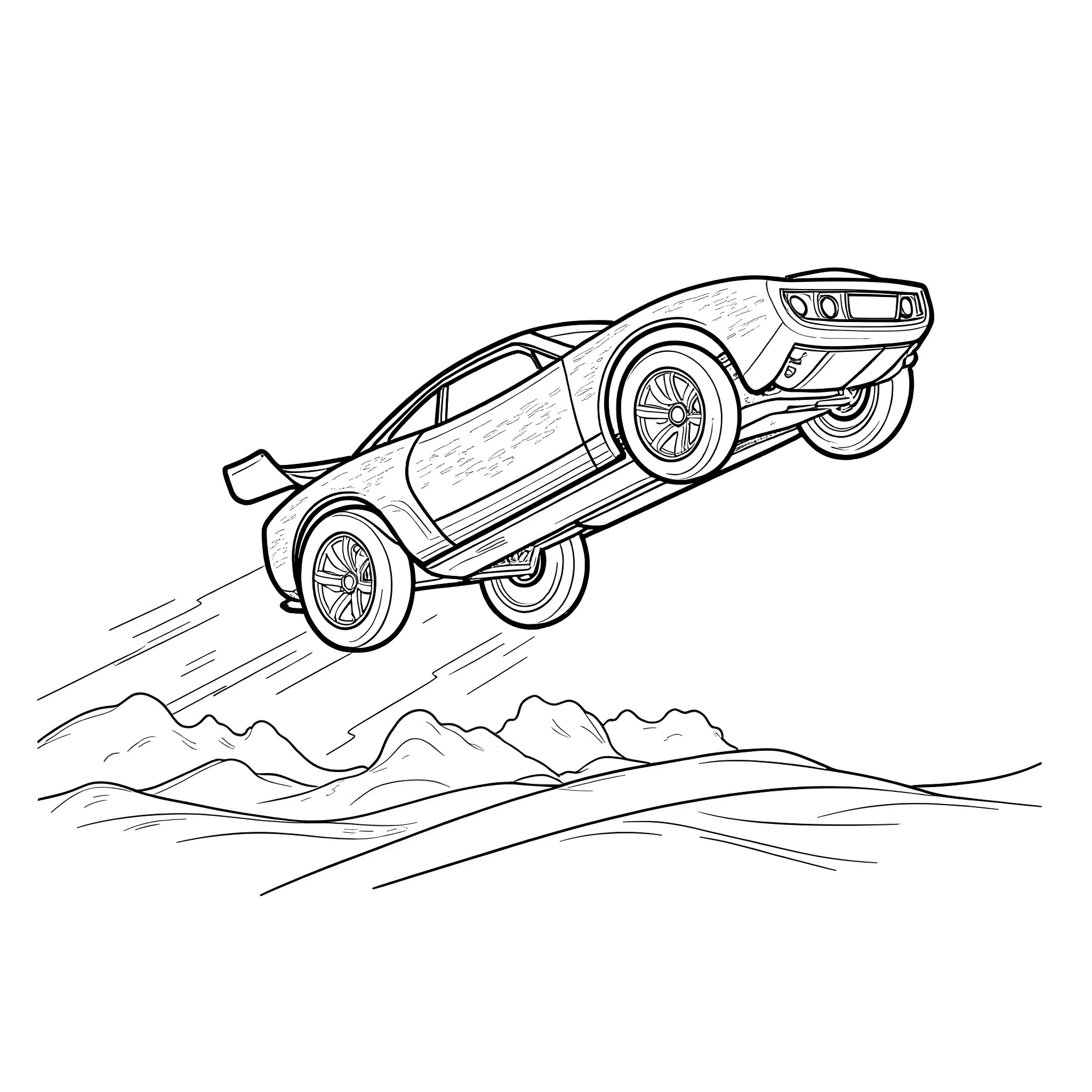 Hotwheels Car Jumping Over Desert Landscape Coloring Page (free black-and-white line drawing printable PDF for all, from beginners to advanced learners, including children, teens, adults, and seniors)